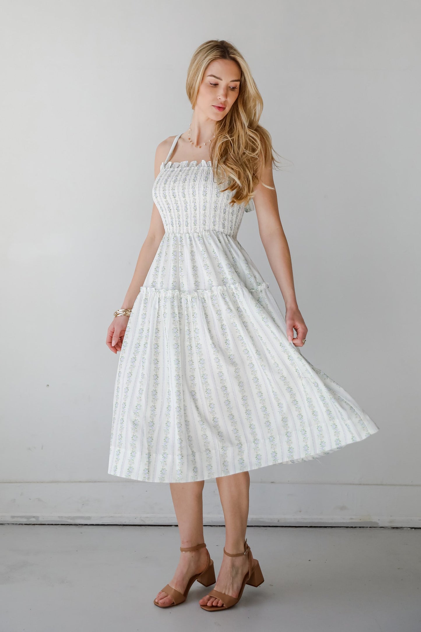 FINAL SALE - Precious Allure Ivory Smocked Floral Midi Dress