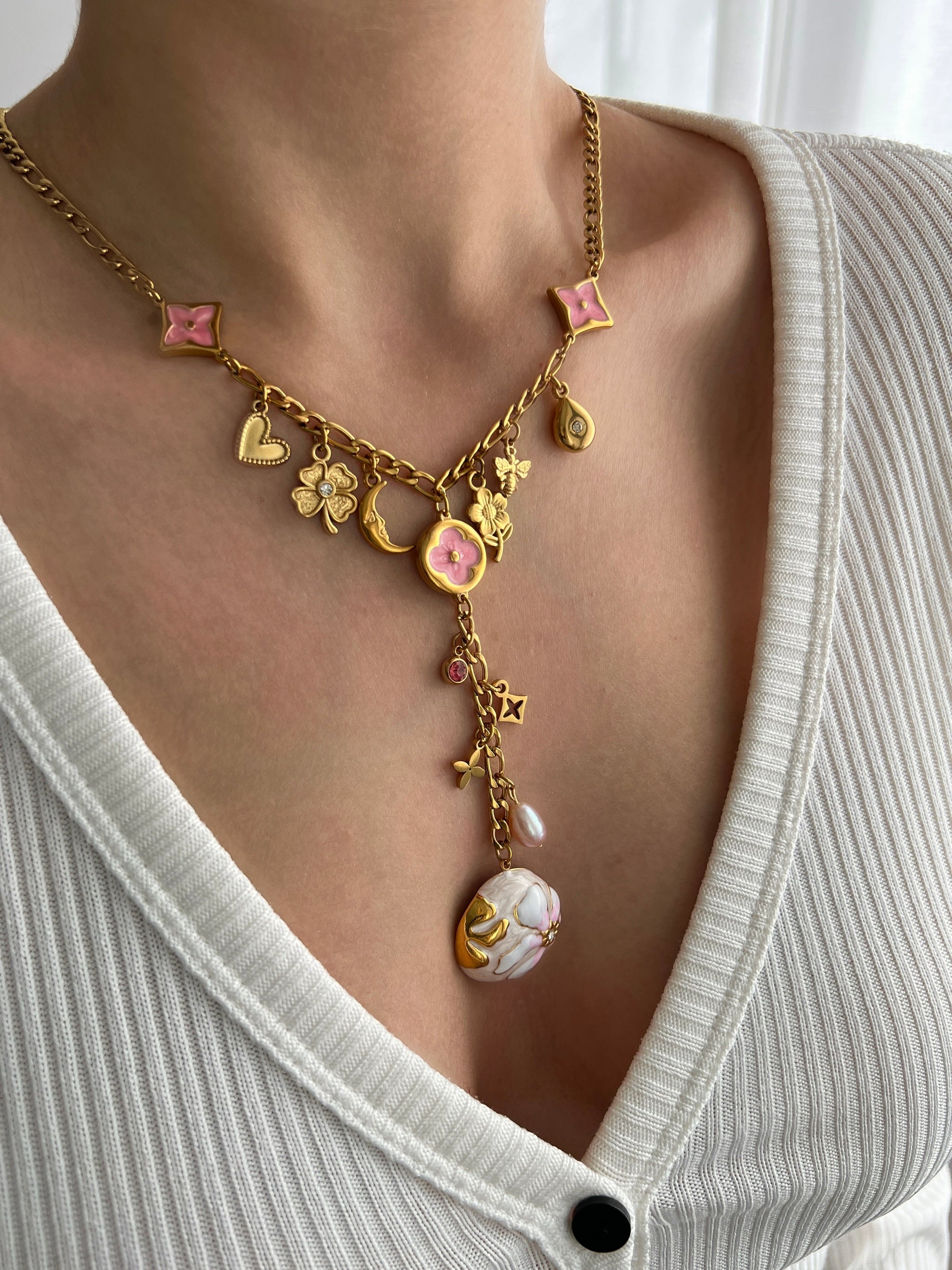 PINK BLOOM MULTI CHARM NECKLACE