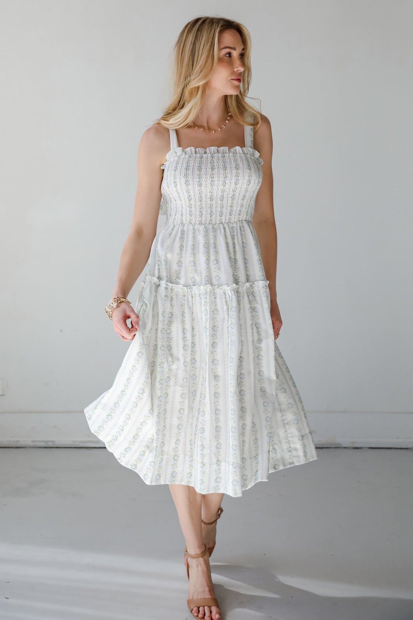 FINAL SALE - Precious Allure Ivory Smocked Floral Midi Dress