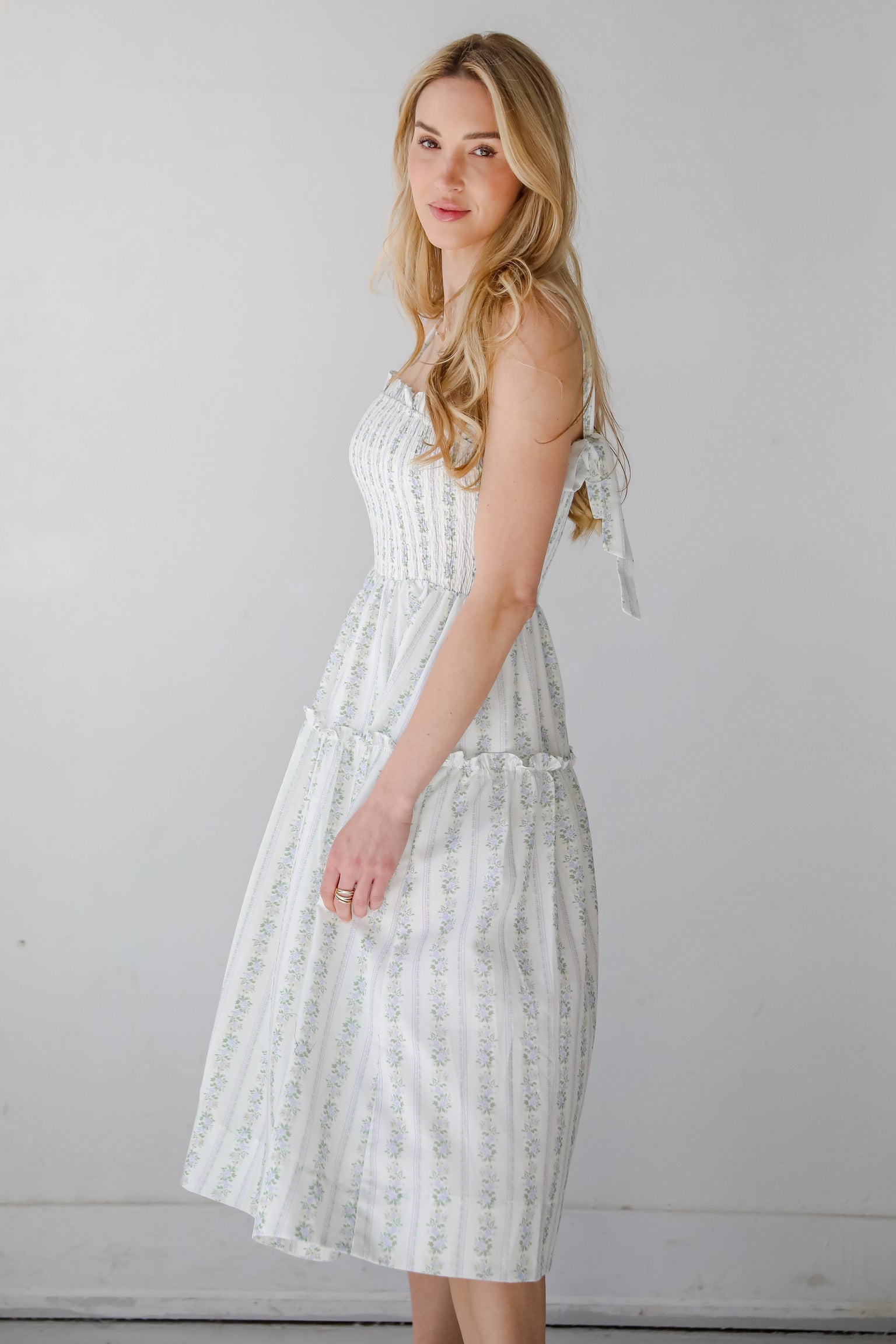 FINAL SALE - Precious Allure Ivory Smocked Floral Midi Dress