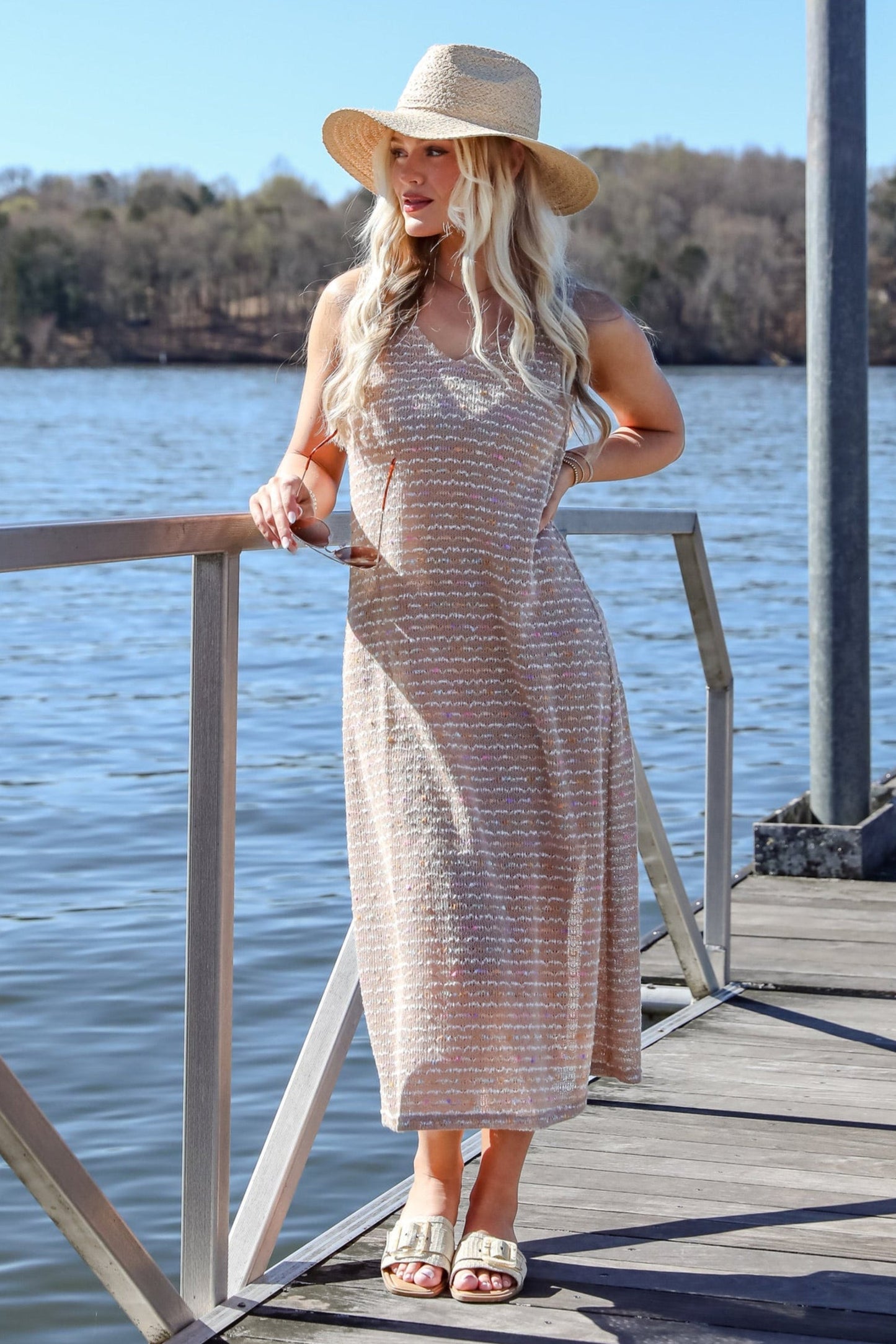 FINAL SALE - Sunset Vibes Mocha Crochet Knit Midi Dress