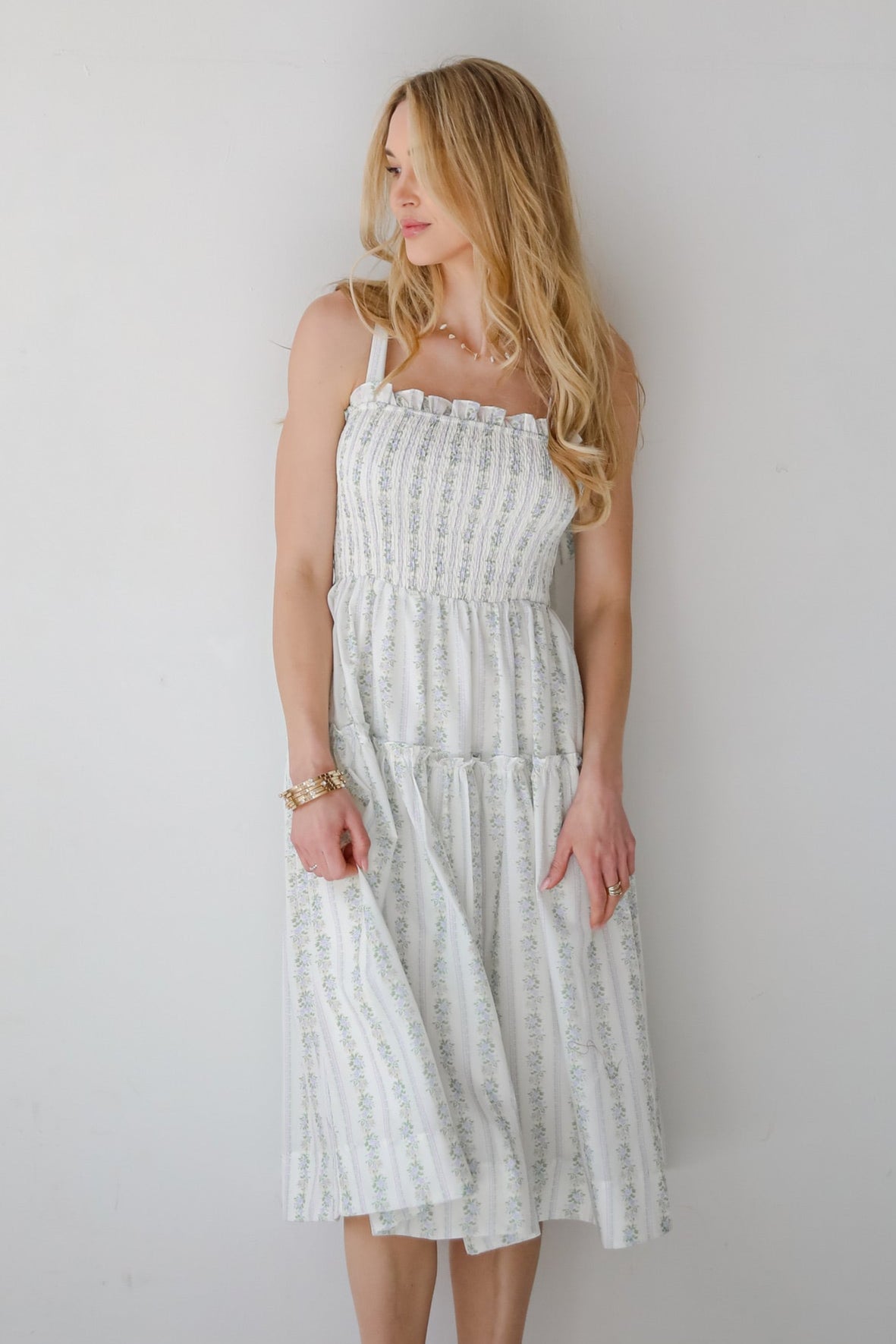 FINAL SALE - Precious Allure Ivory Smocked Floral Midi Dress
