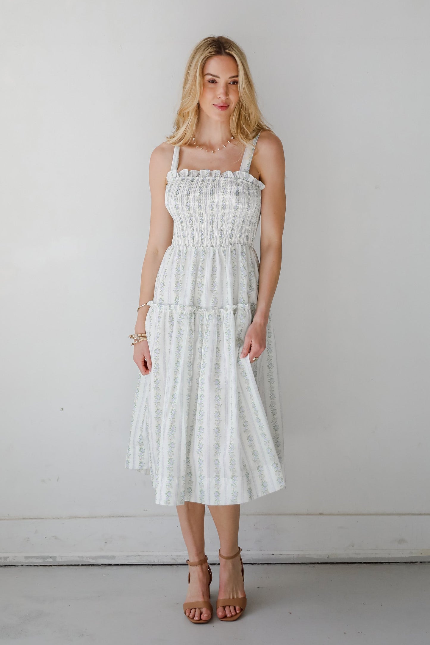 FINAL SALE - Precious Allure Ivory Smocked Floral Midi Dress