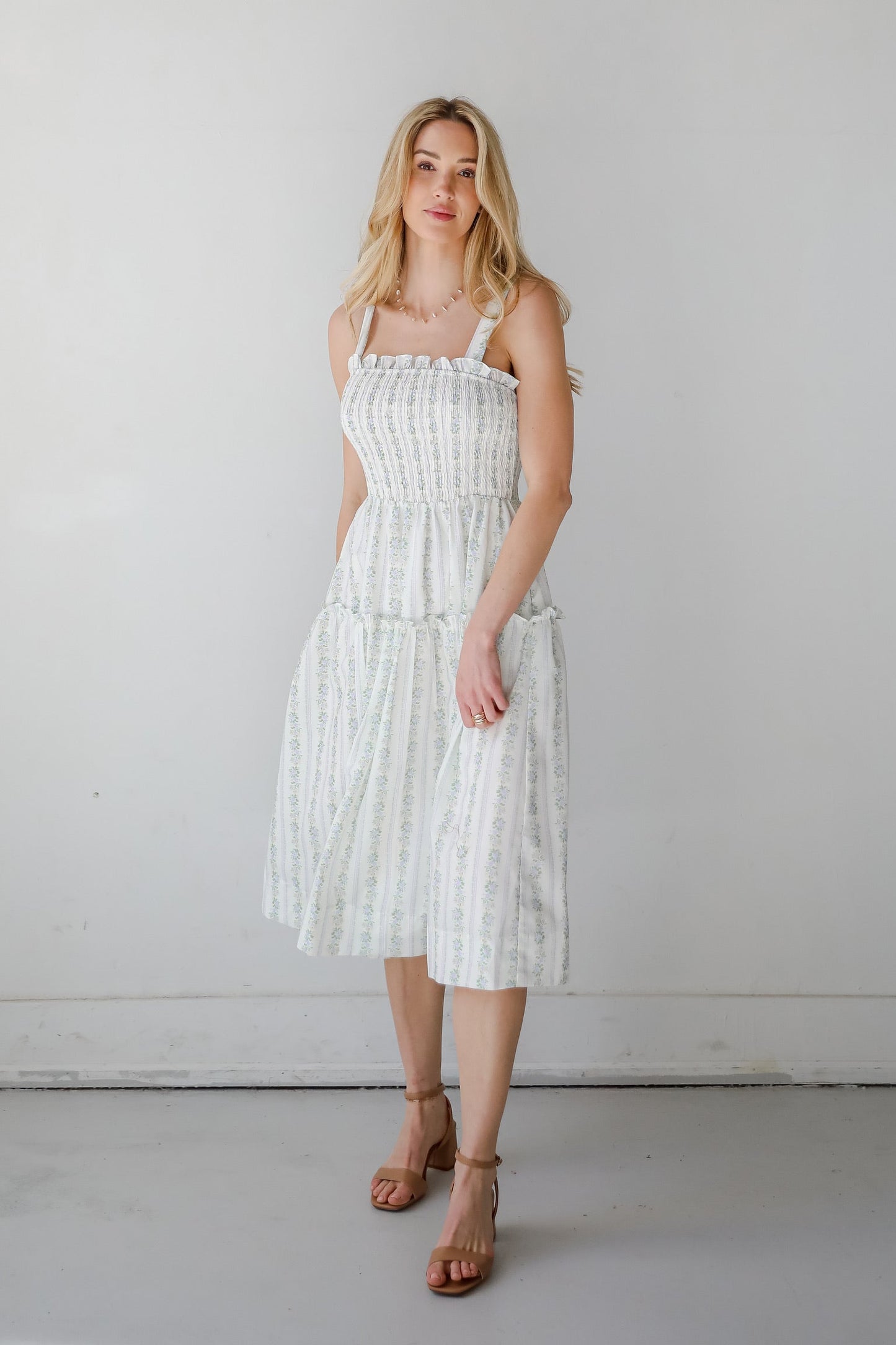 FINAL SALE - Precious Allure Ivory Smocked Floral Midi Dress