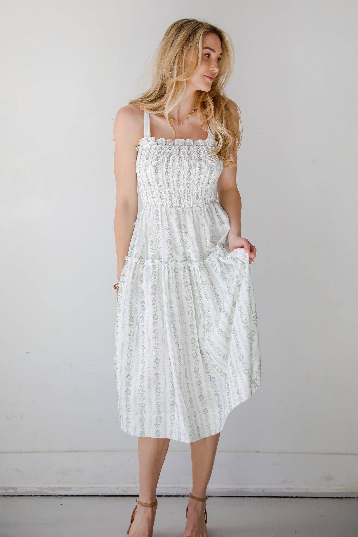 FINAL SALE - Precious Allure Ivory Smocked Floral Midi Dress