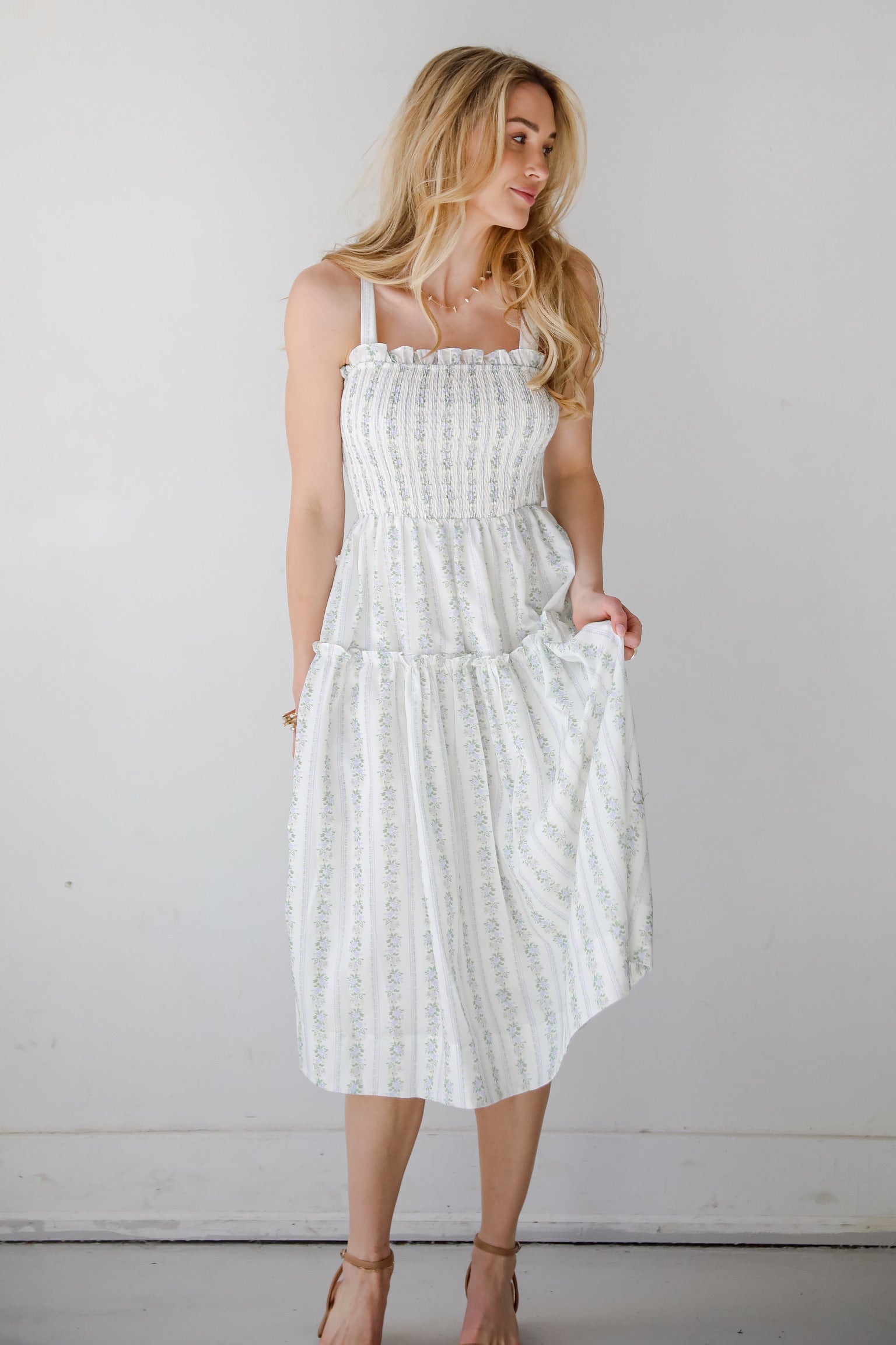 FINAL SALE - Precious Allure Ivory Smocked Floral Midi Dress