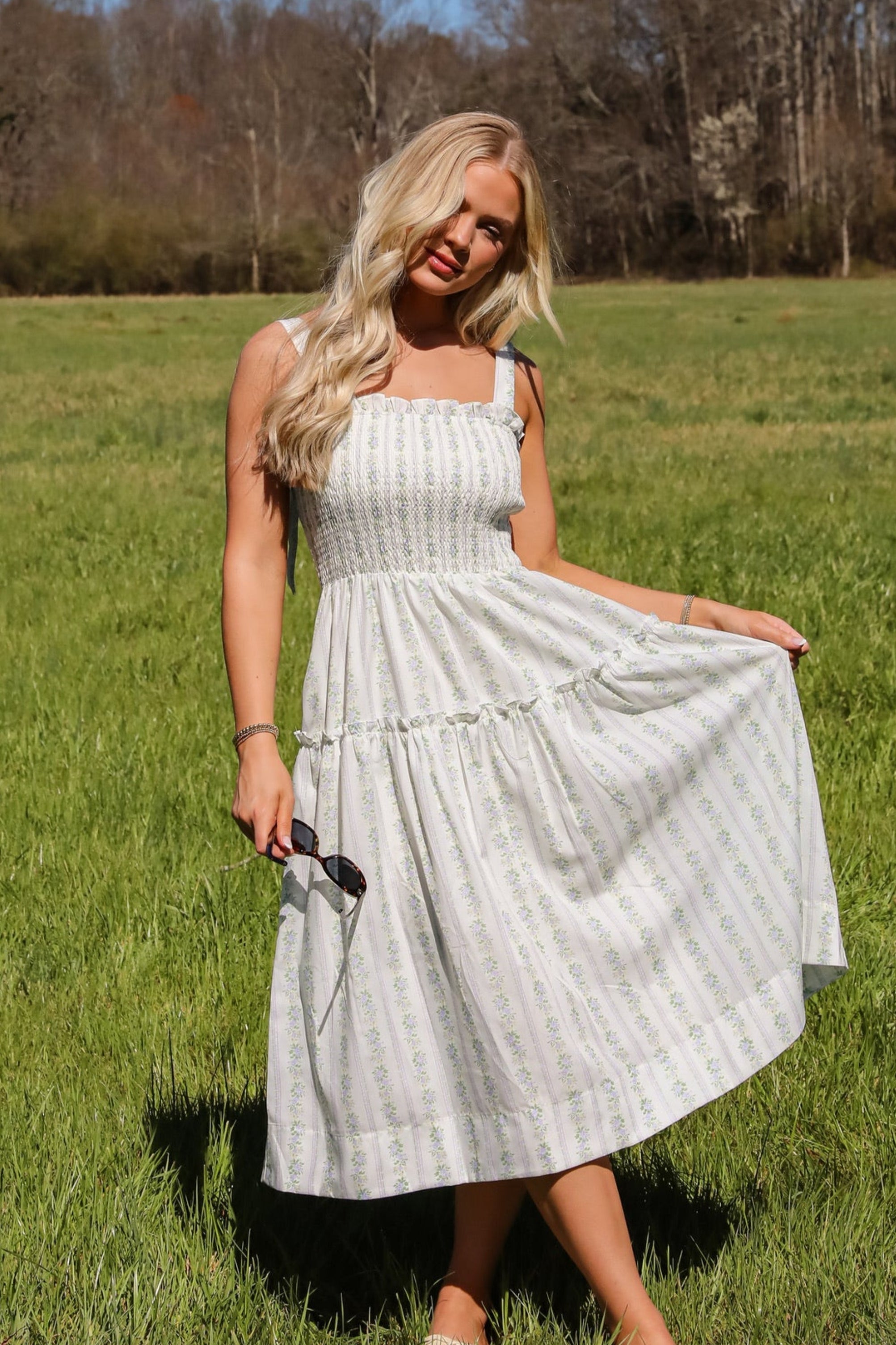 FINAL SALE - Precious Allure Ivory Smocked Floral Midi Dress