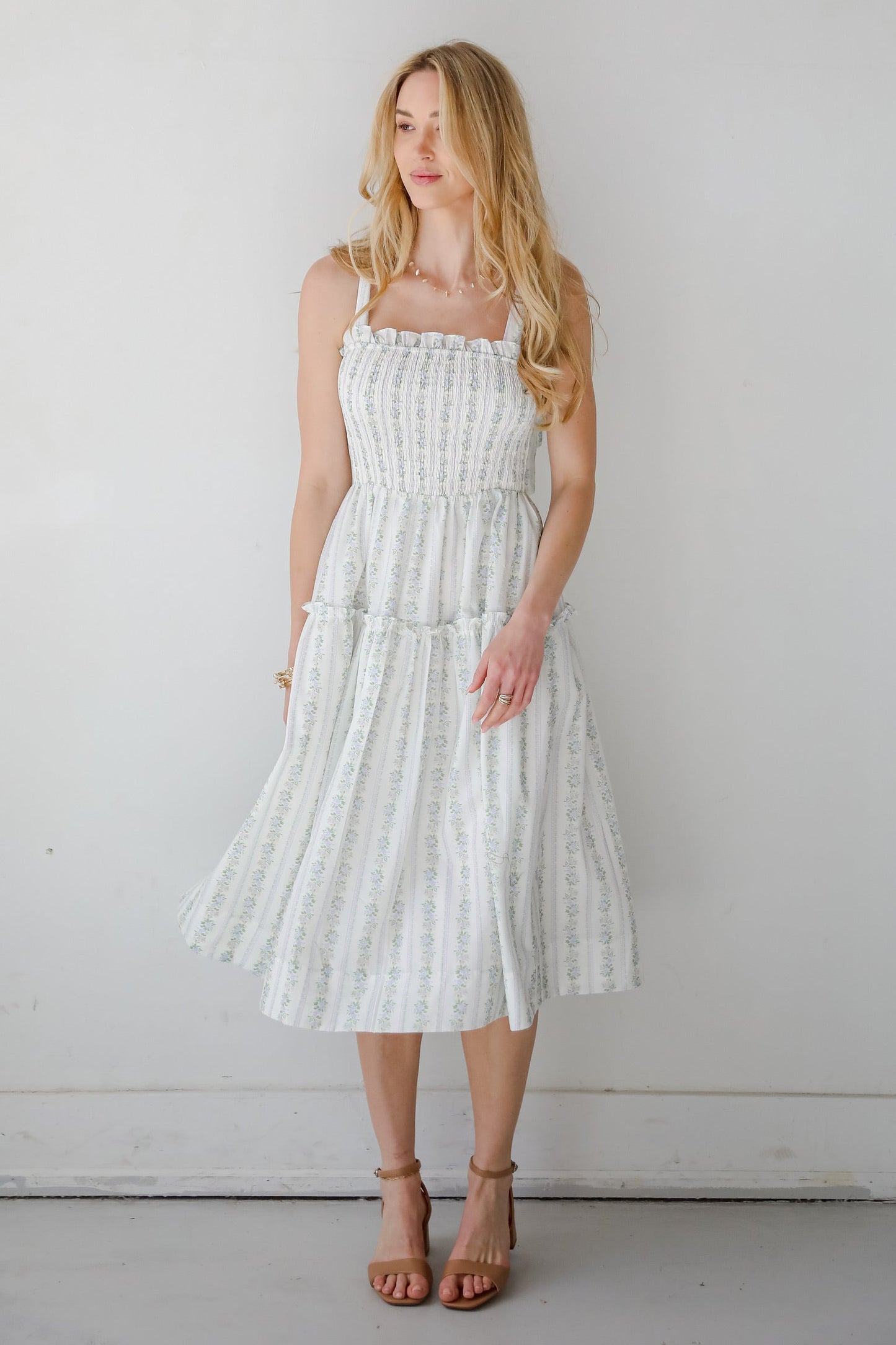 FINAL SALE - Precious Allure Ivory Smocked Floral Midi Dress