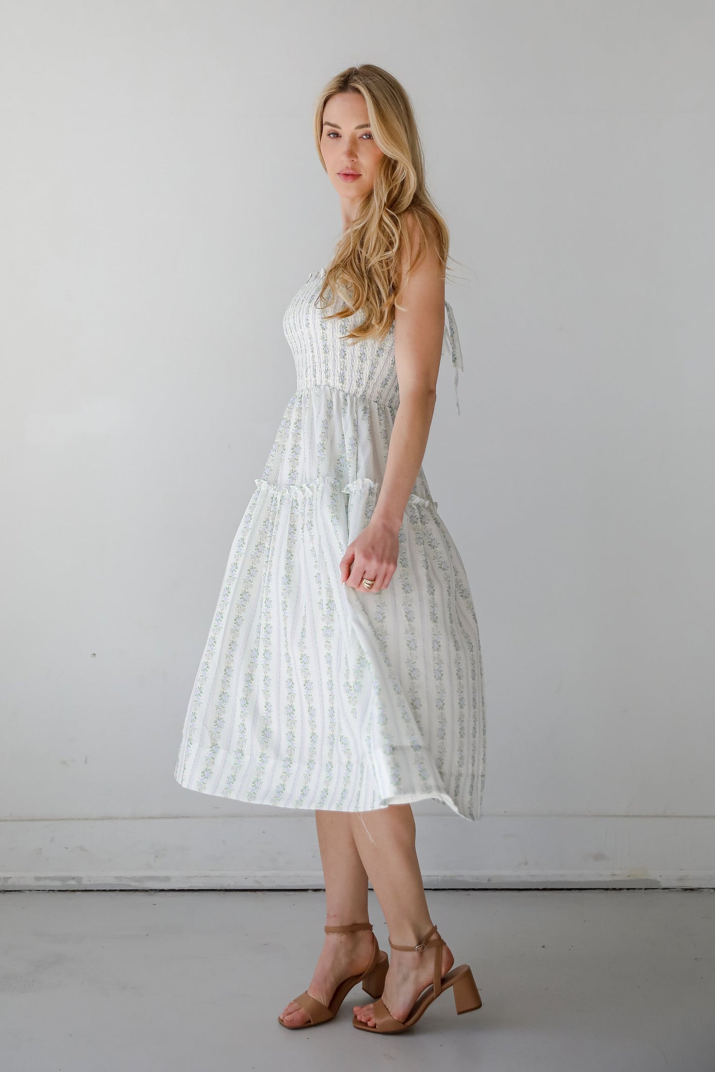 FINAL SALE - Precious Allure Ivory Smocked Floral Midi Dress