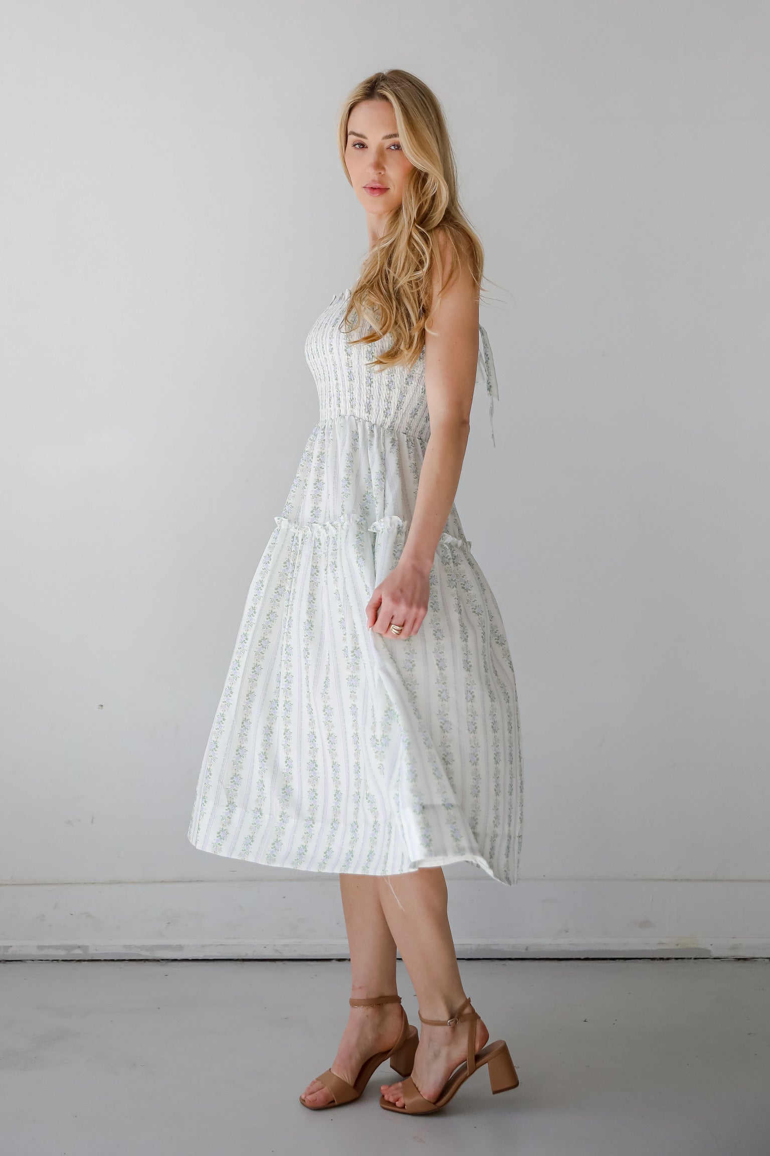 FINAL SALE - Precious Allure Ivory Smocked Floral Midi Dress