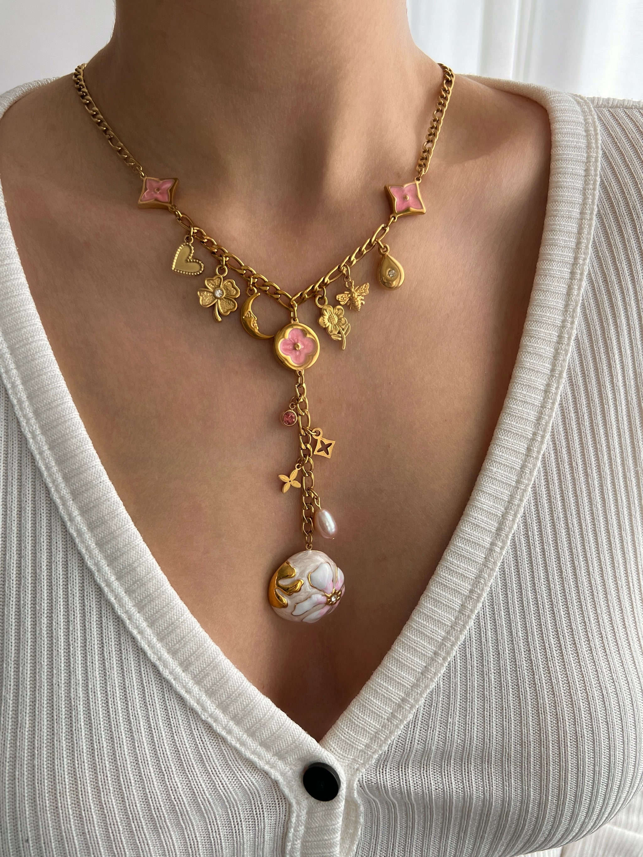 PINK BLOOM MULTI CHARM NECKLACE