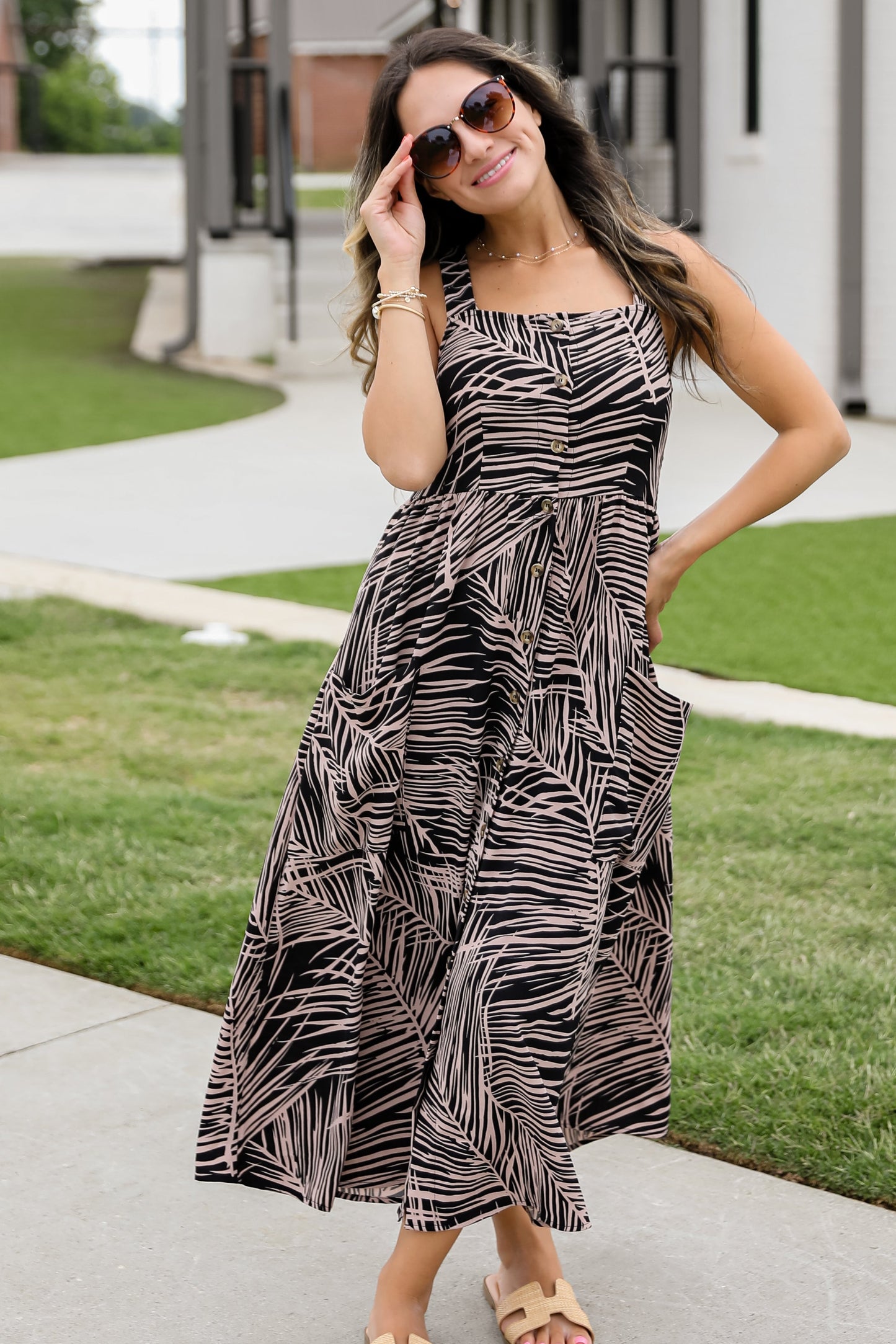 FINAL SALE - Happy You're Here Black Leaf Print Midi Dress