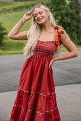 FINAL SALE - Looks Like You Love Me Brick Smocked Midi Dress