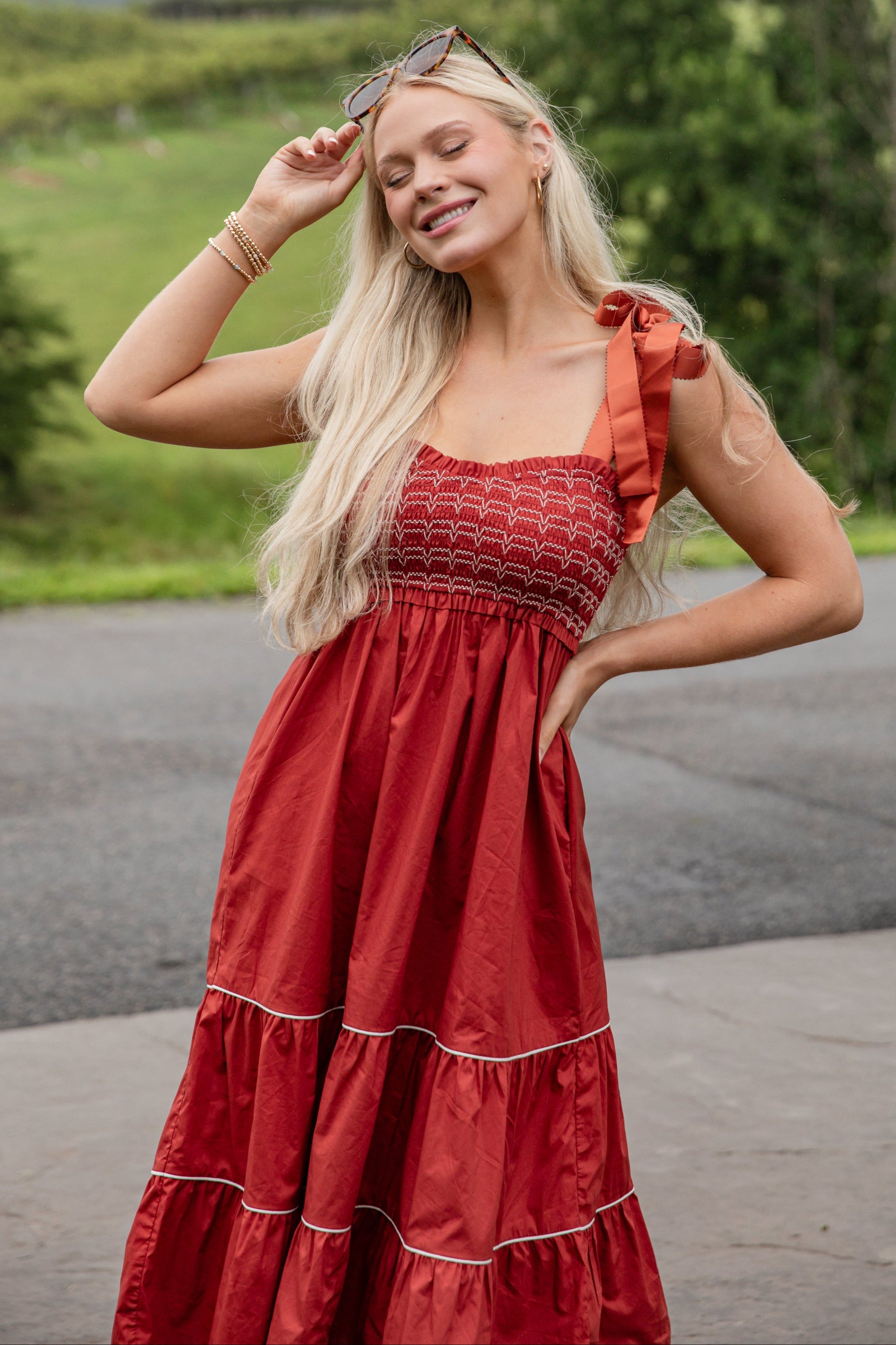 FINAL SALE - Looks Like You Love Me Brick Smocked Midi Dress
