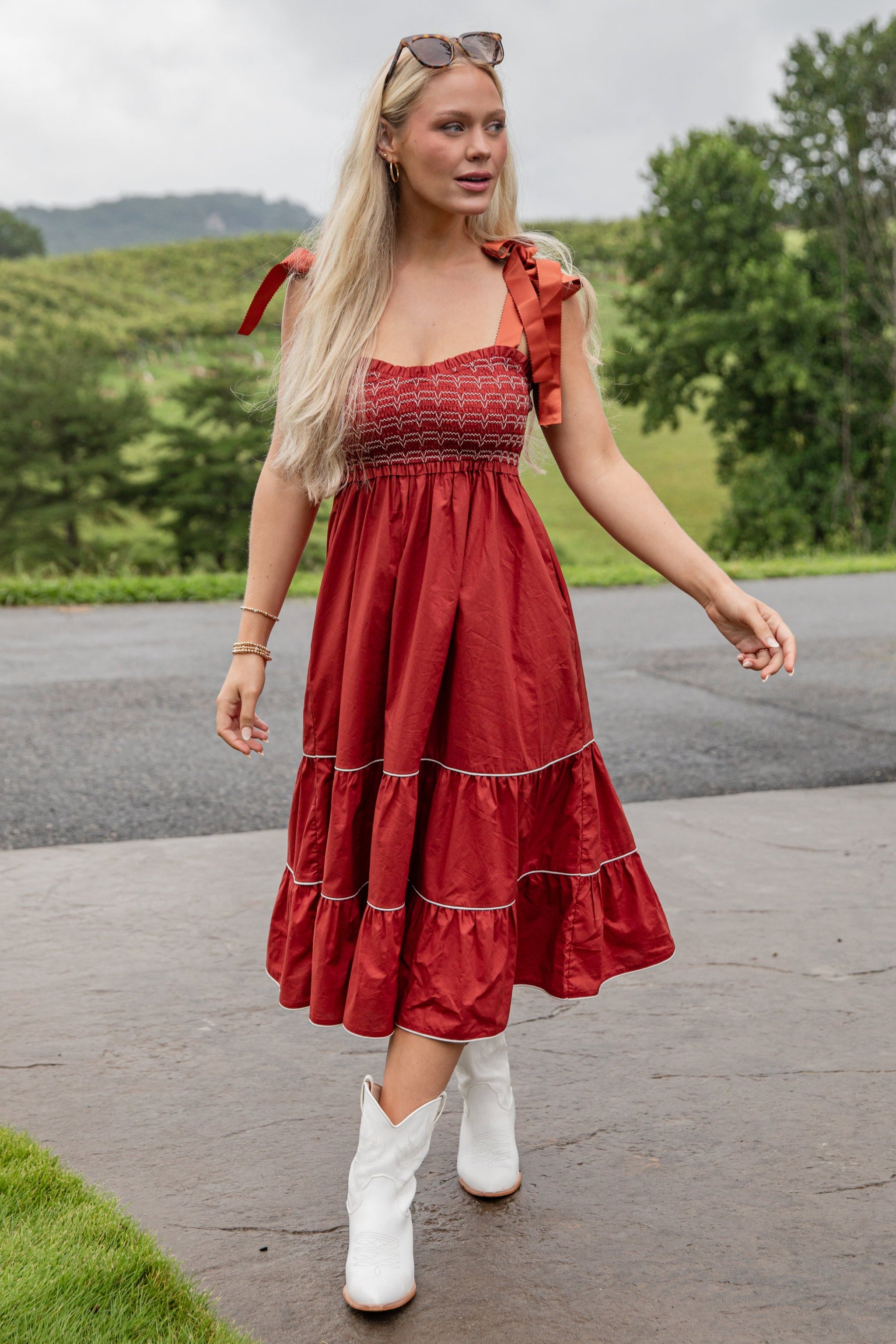 FINAL SALE - Looks Like You Love Me Brick Smocked Midi Dress