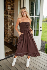 FINAL SALE - This Is It Brown Smocked Strapless Midi Dress