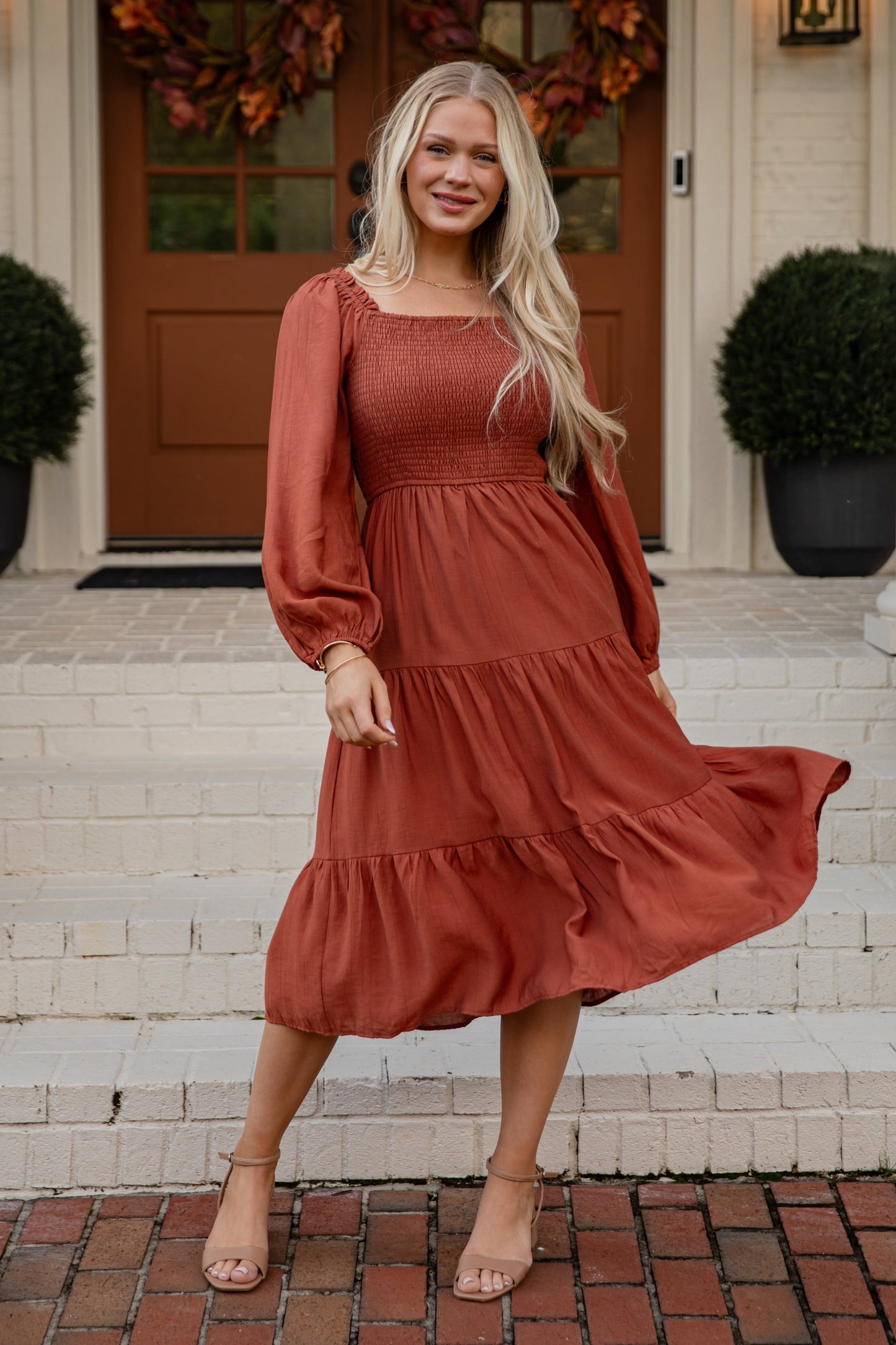 See Your Heart Rust Smocked Midi Dress