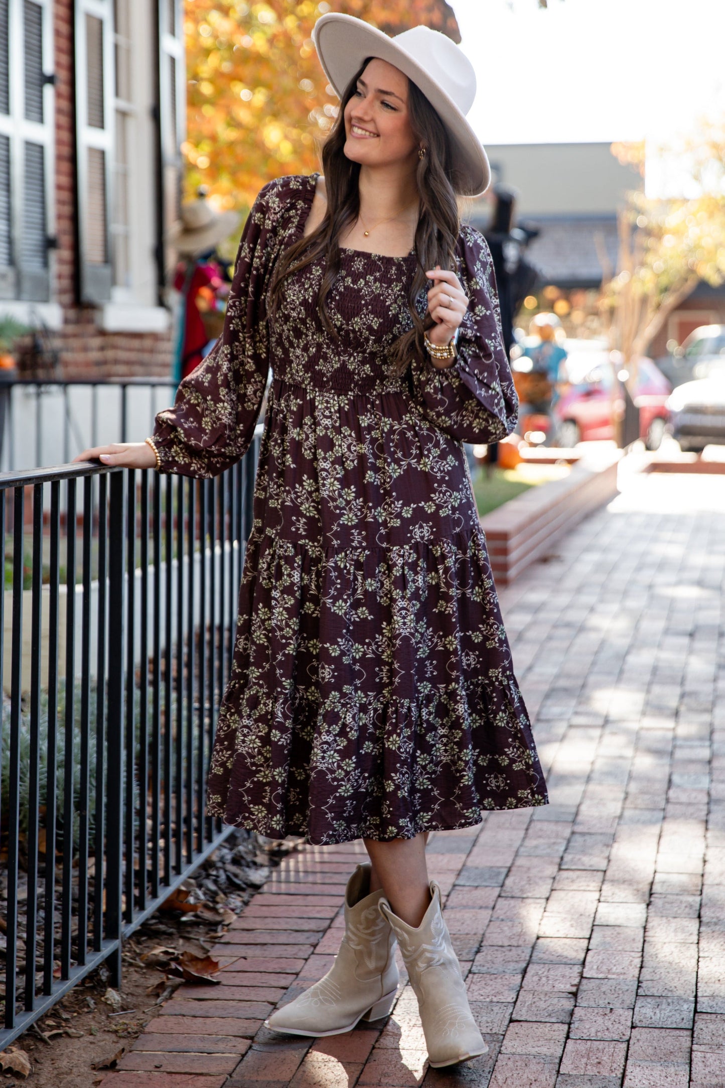 FINAL SALE - Feeling Inspired Brown Floral Smocked Midi Dress