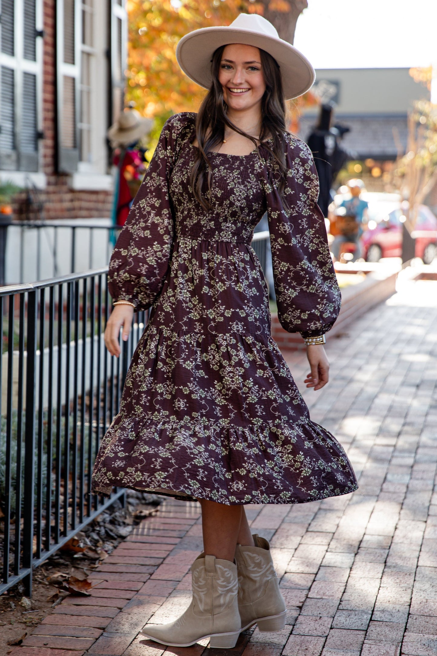 FINAL SALE - Feeling Inspired Brown Floral Smocked Midi Dress