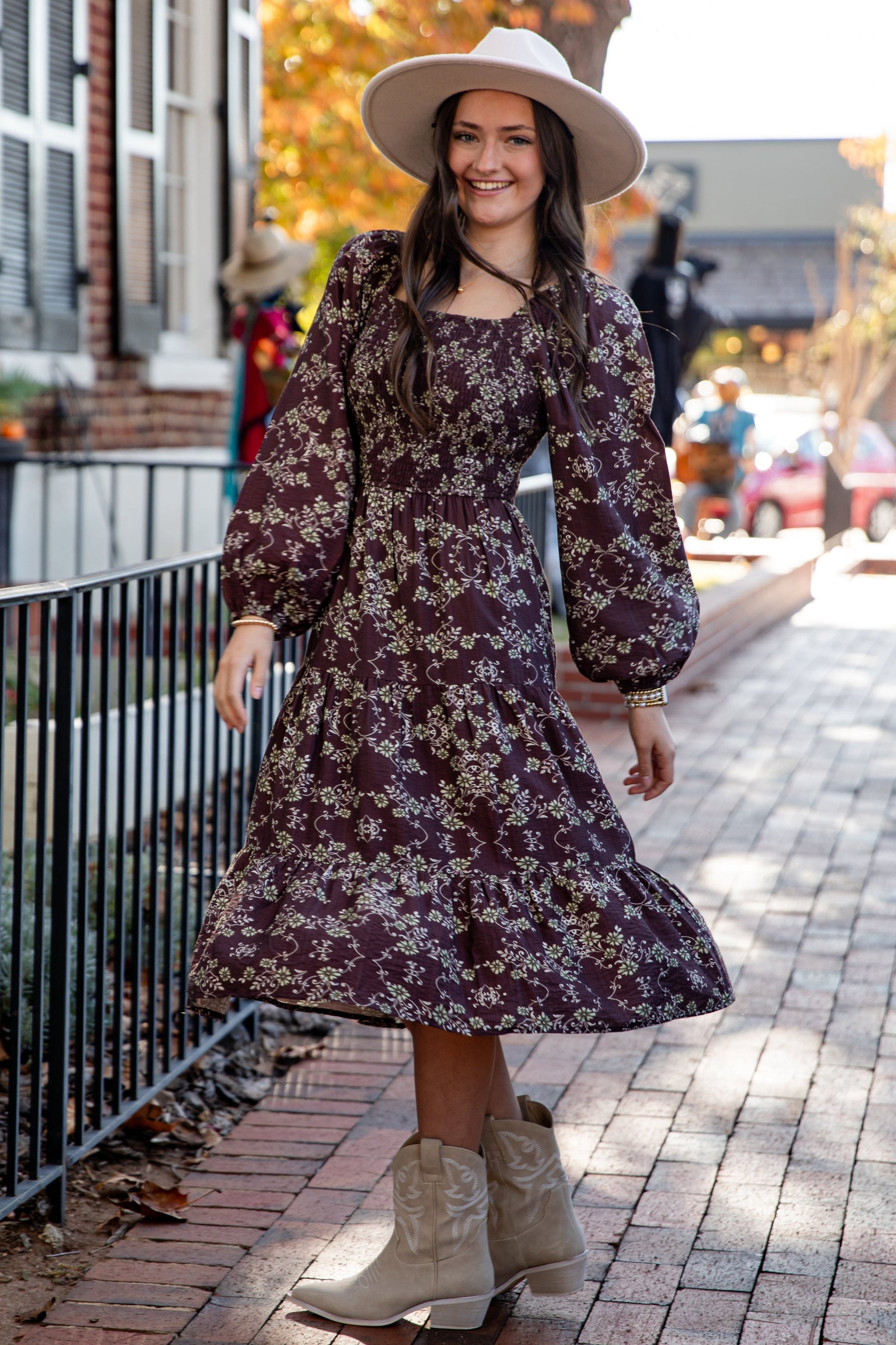 FINAL SALE - Feeling Inspired Brown Floral Smocked Midi Dress