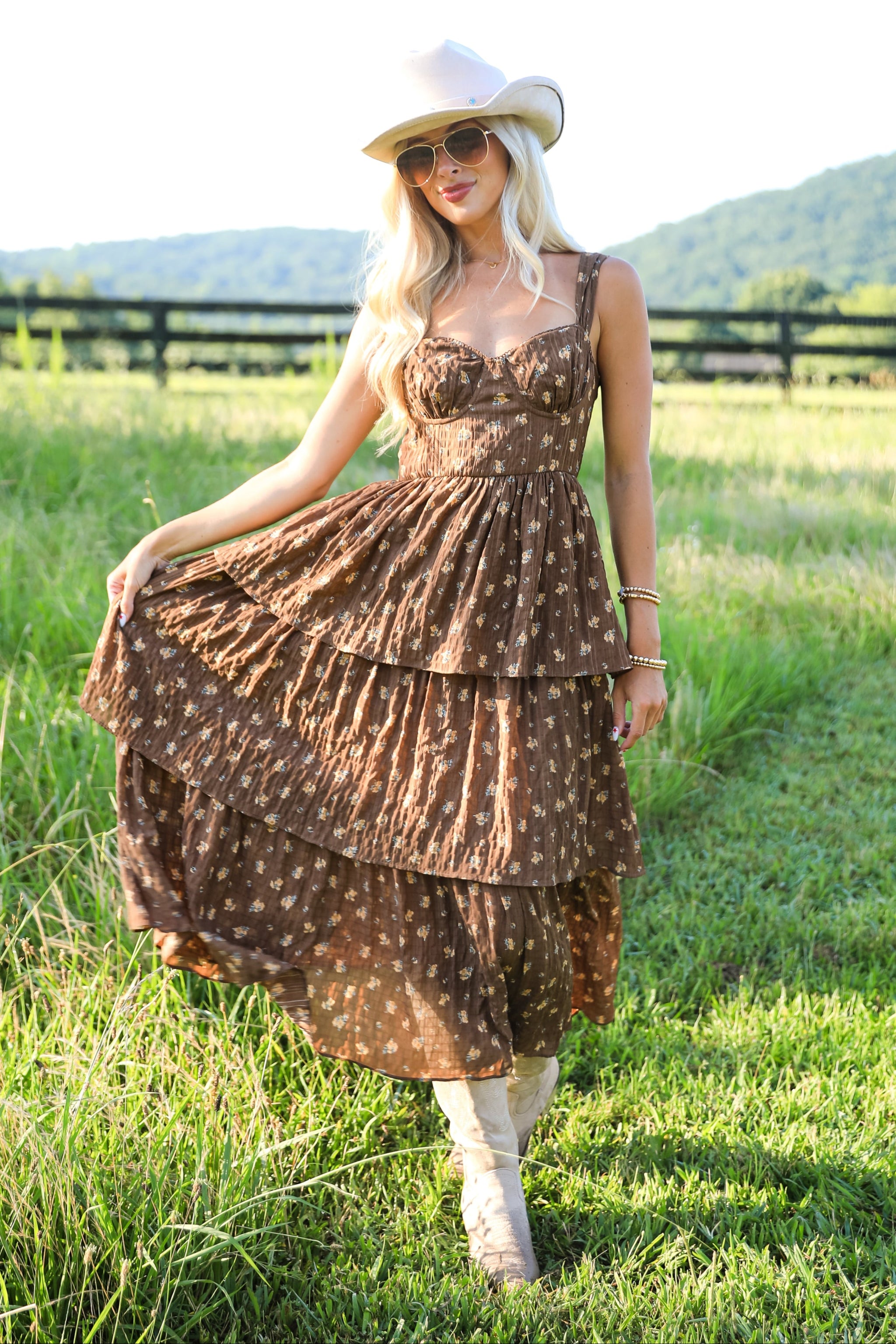 FINAL SALE - Dance The Night Away Brown Floral Tiered Midi Dress