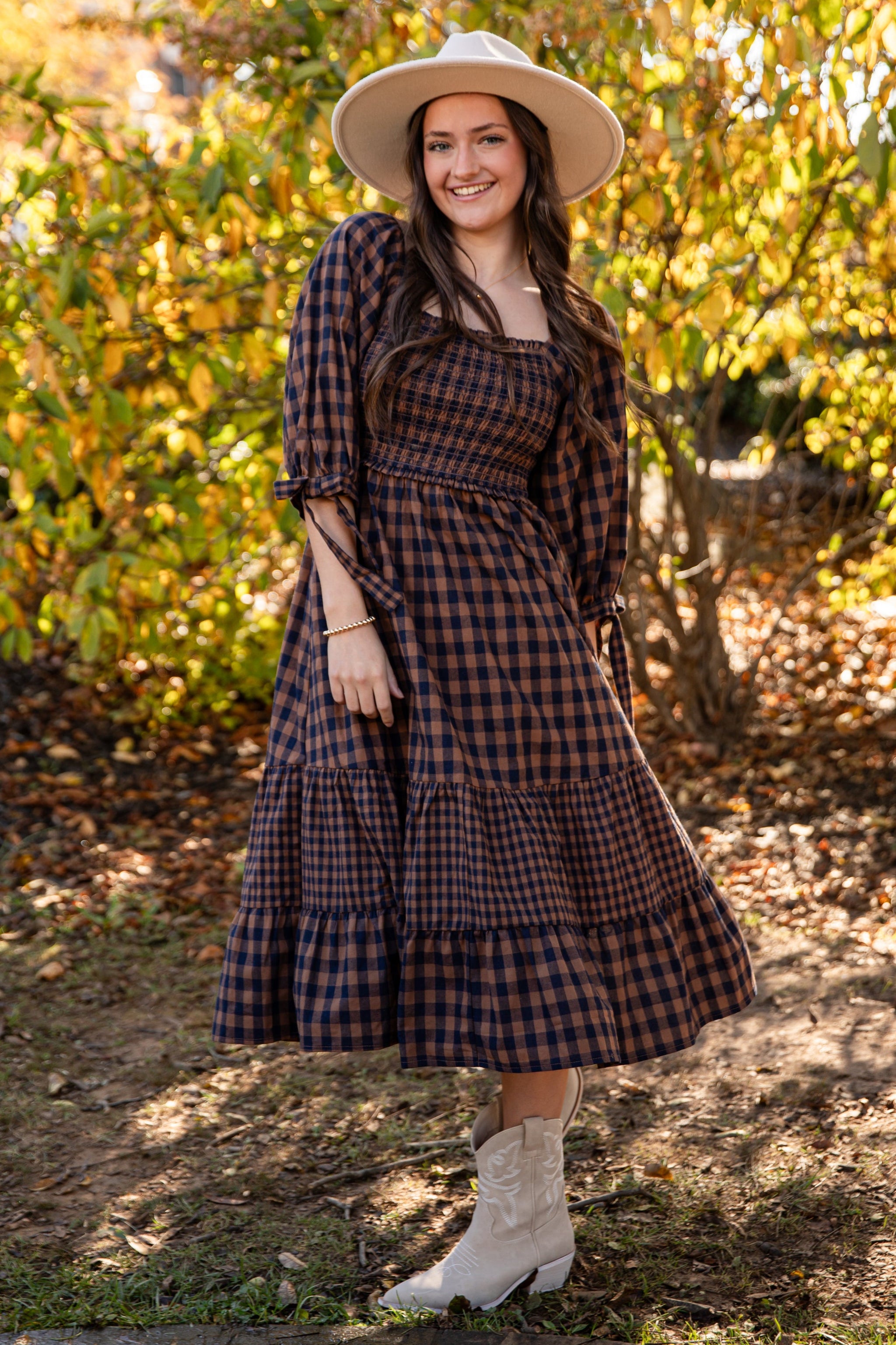 Show Me The Way Navy Gingham Smocked Midi Dress