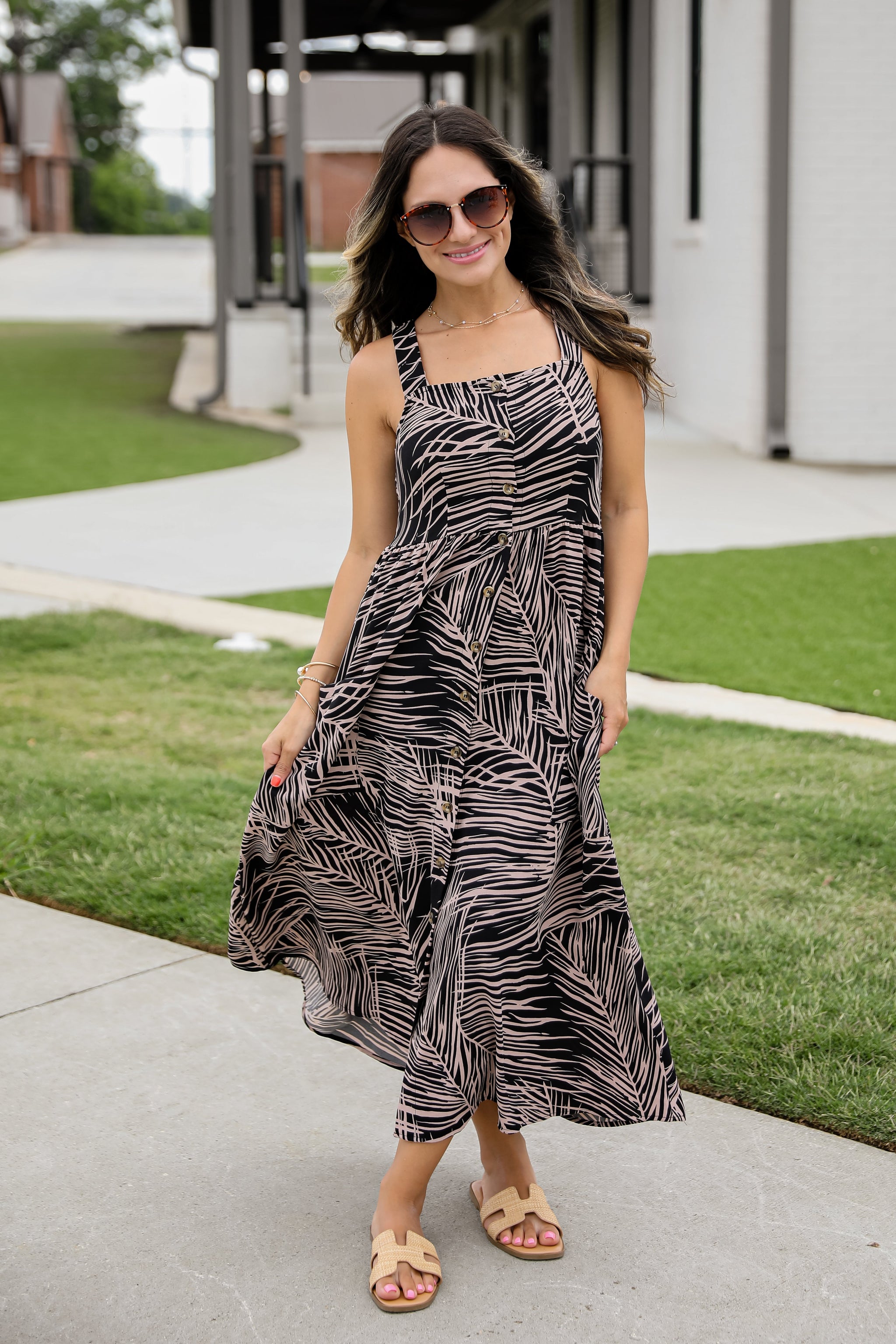 FINAL SALE - Happy You're Here Black Leaf Print Midi Dress