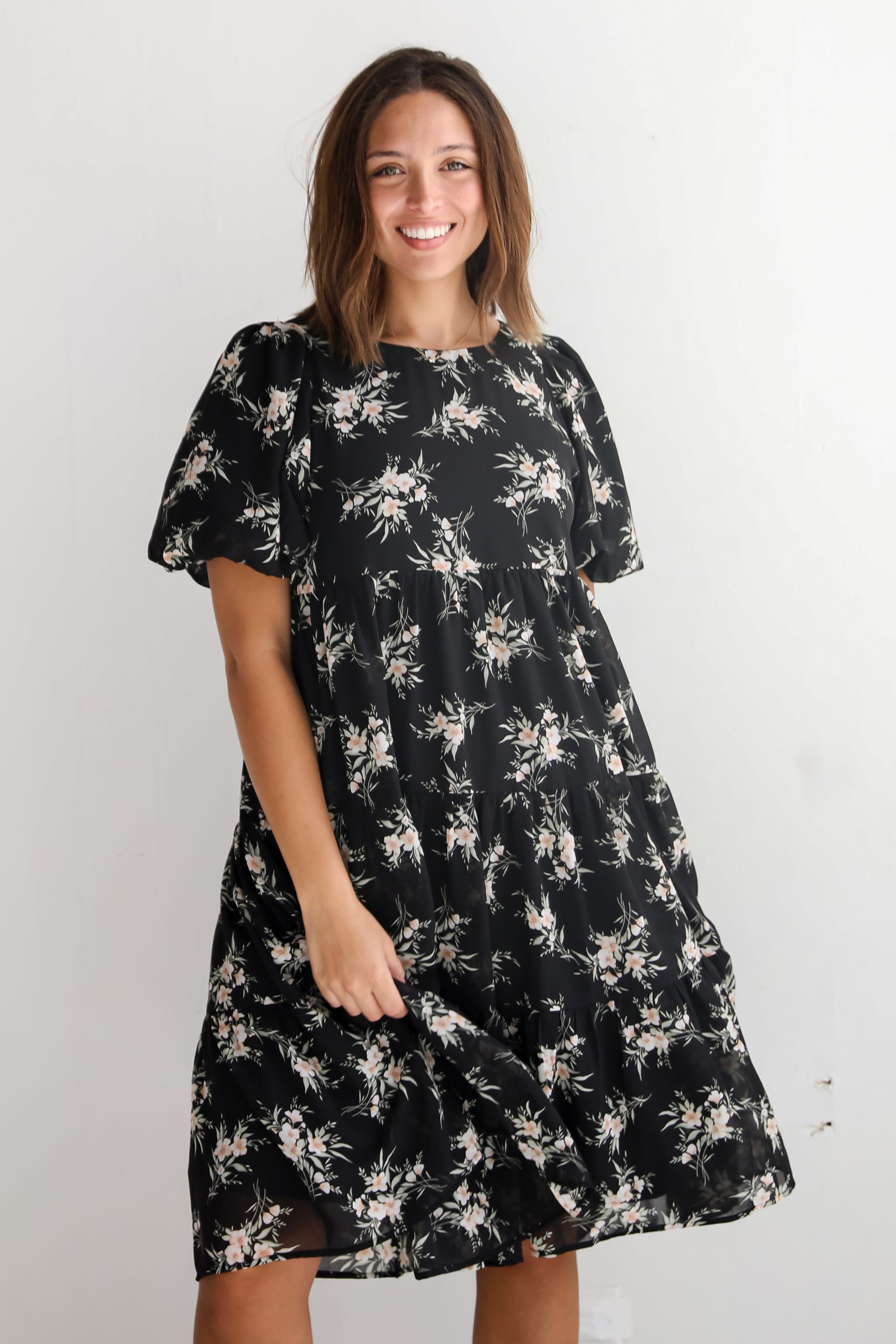 FINAL SALE - Perfectly Cherished Black Floral Tiered Midi Dress