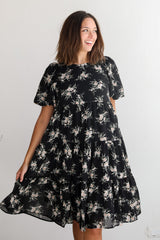 FINAL SALE - Perfectly Cherished Black Floral Tiered Midi Dress