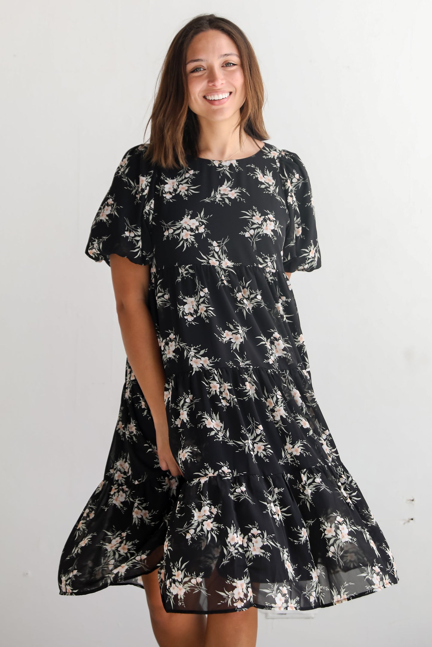 FINAL SALE - Perfectly Cherished Black Floral Tiered Midi Dress