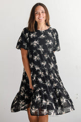 FINAL SALE - Perfectly Cherished Black Floral Tiered Midi Dress