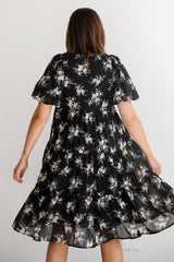 FINAL SALE - Perfectly Cherished Black Floral Tiered Midi Dress