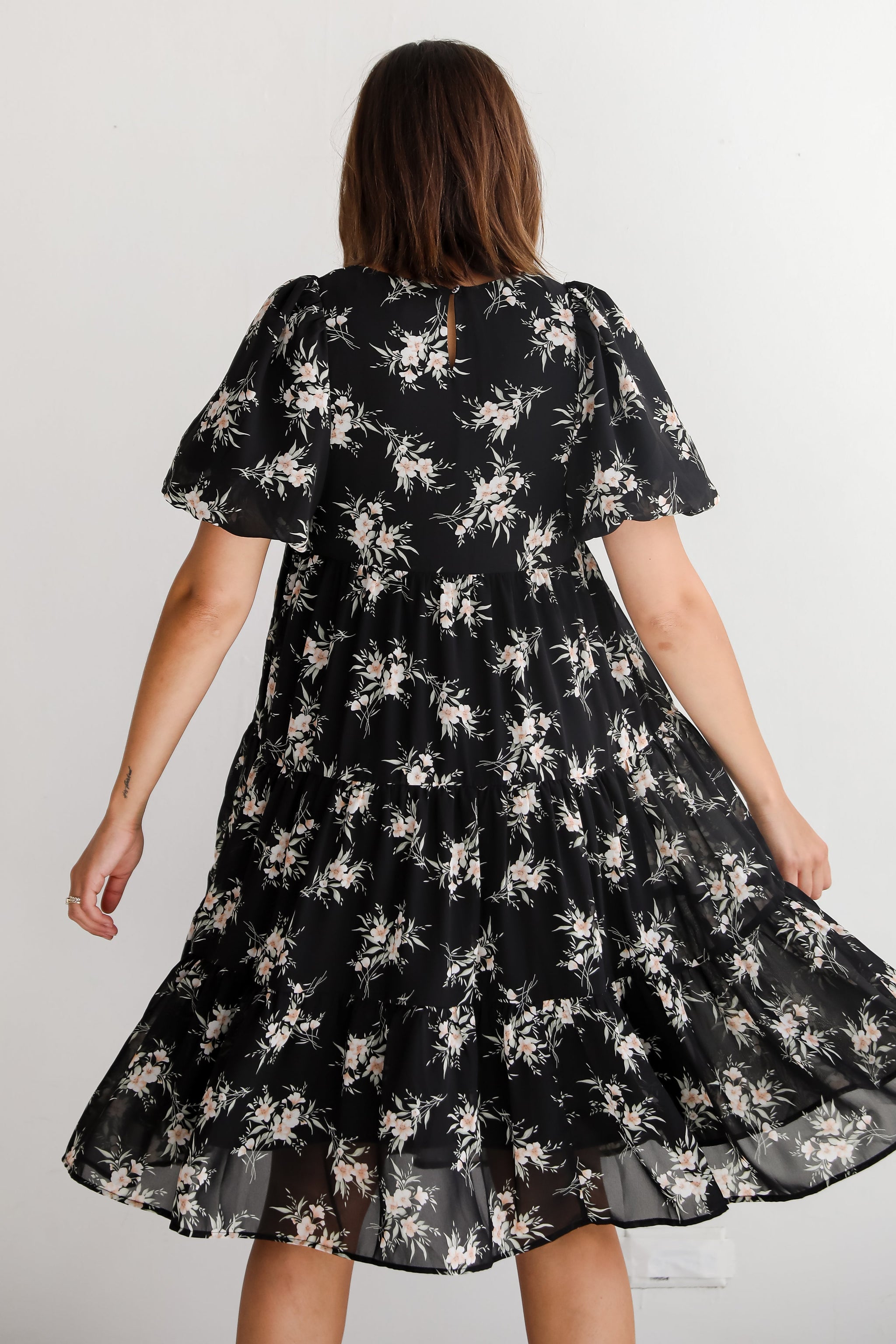 FINAL SALE - Perfectly Cherished Black Floral Tiered Midi Dress