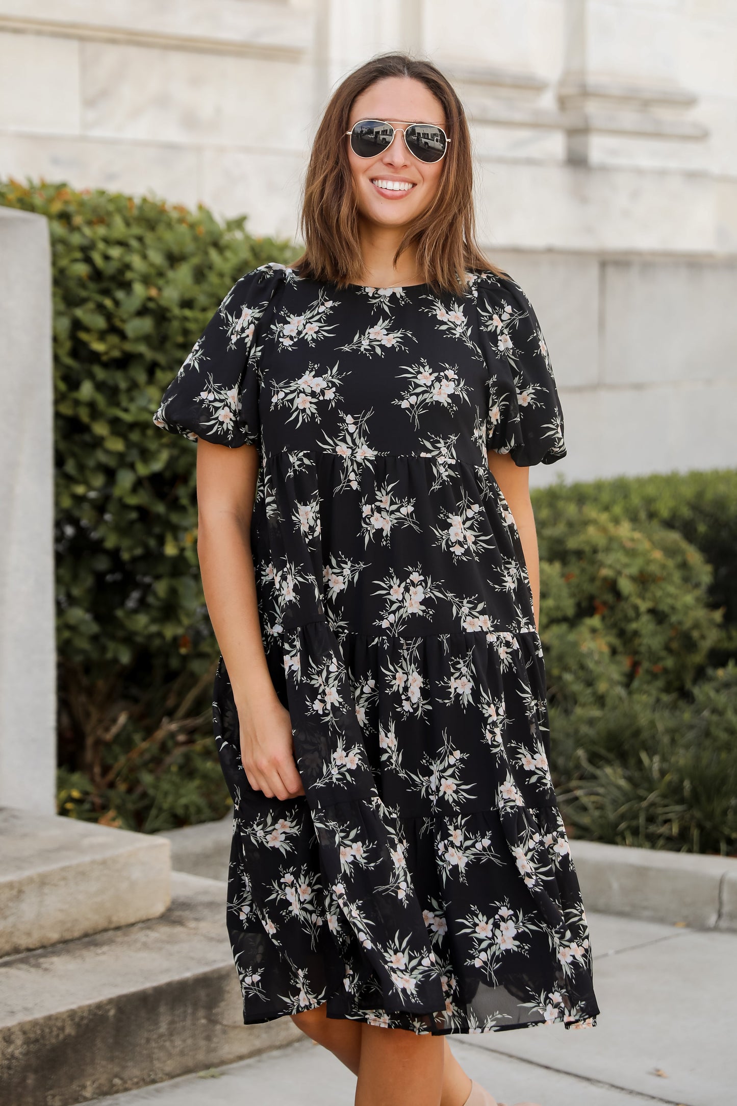 FINAL SALE - Perfectly Cherished Black Floral Tiered Midi Dress