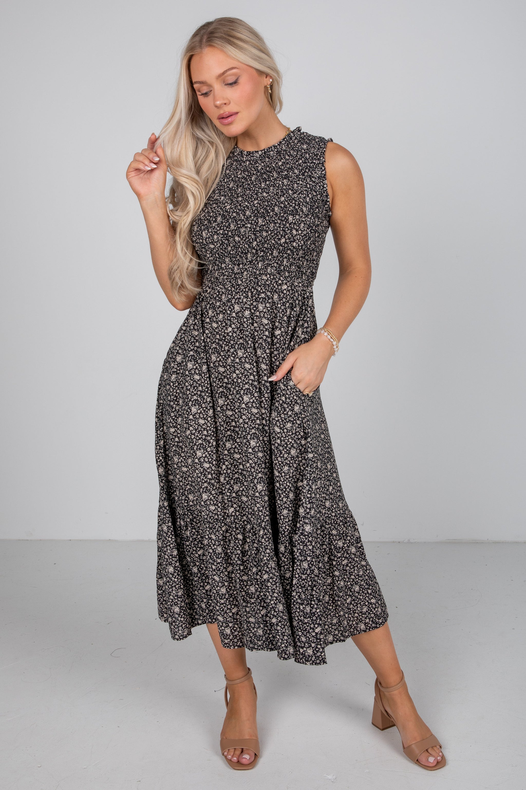 FINAL SALE - Marvelous Time Black Smocked Floral Midi Dress