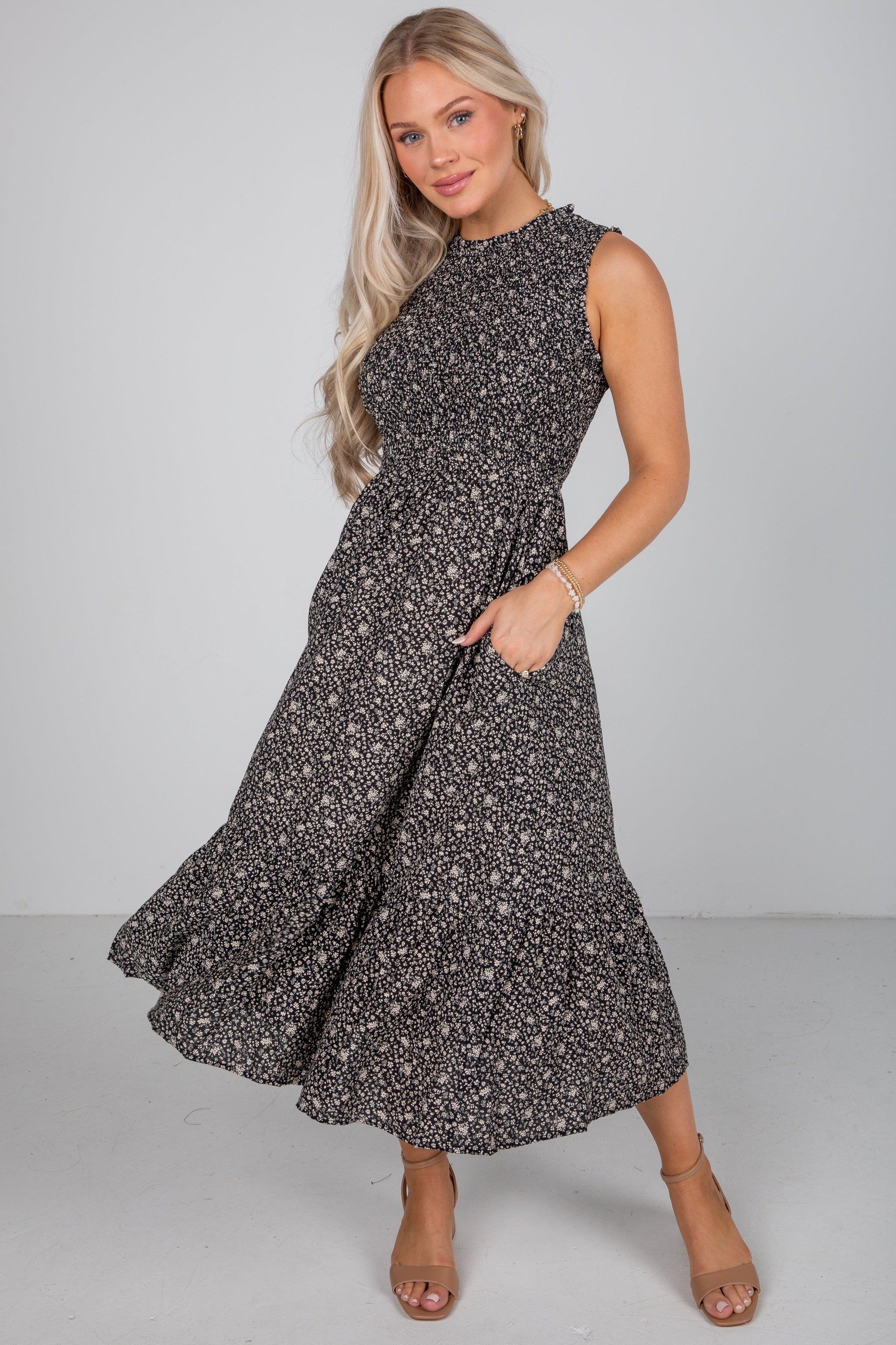 FINAL SALE - Marvelous Time Black Smocked Floral Midi Dress