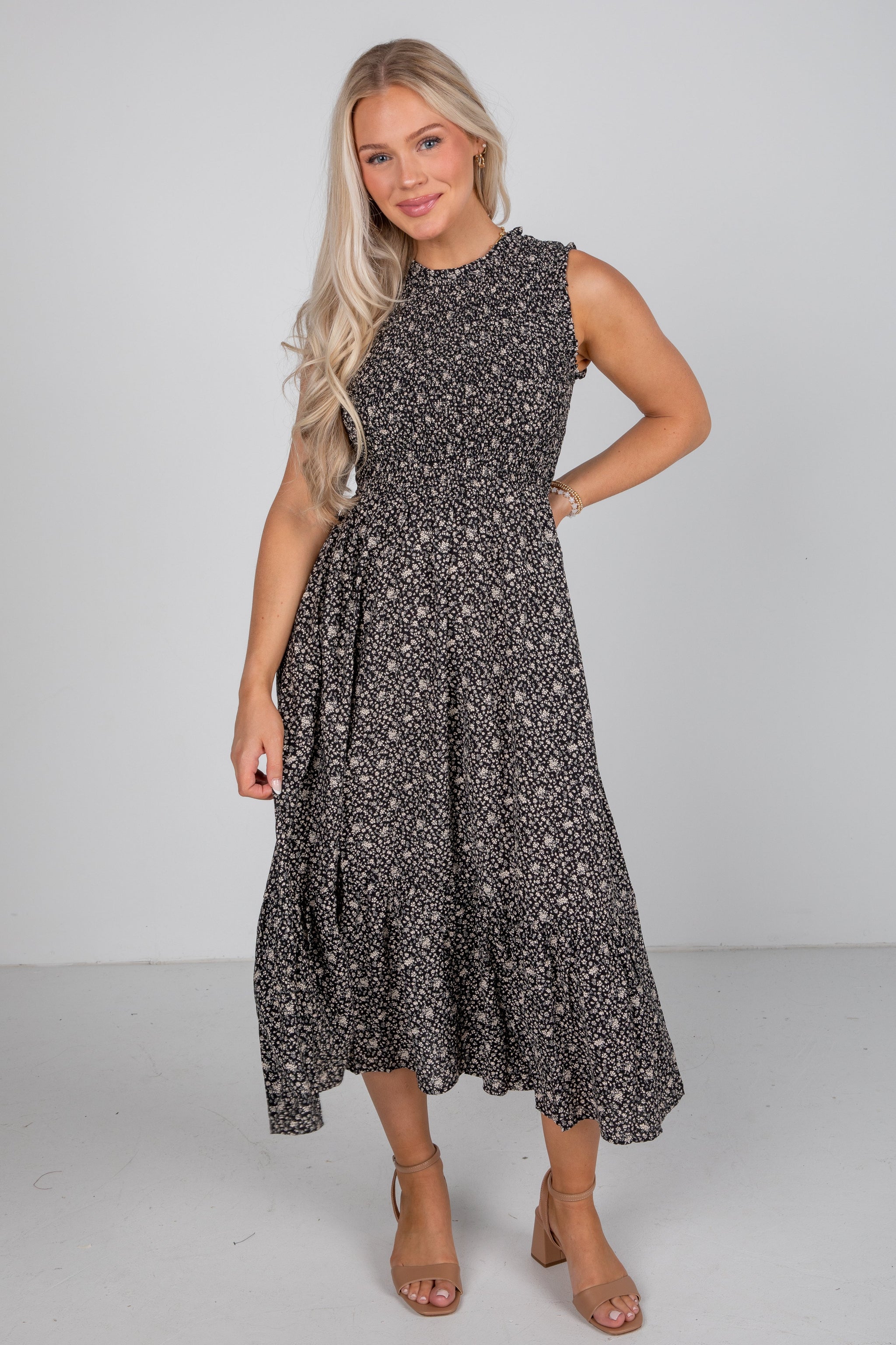 FINAL SALE - Marvelous Time Black Smocked Floral Midi Dress