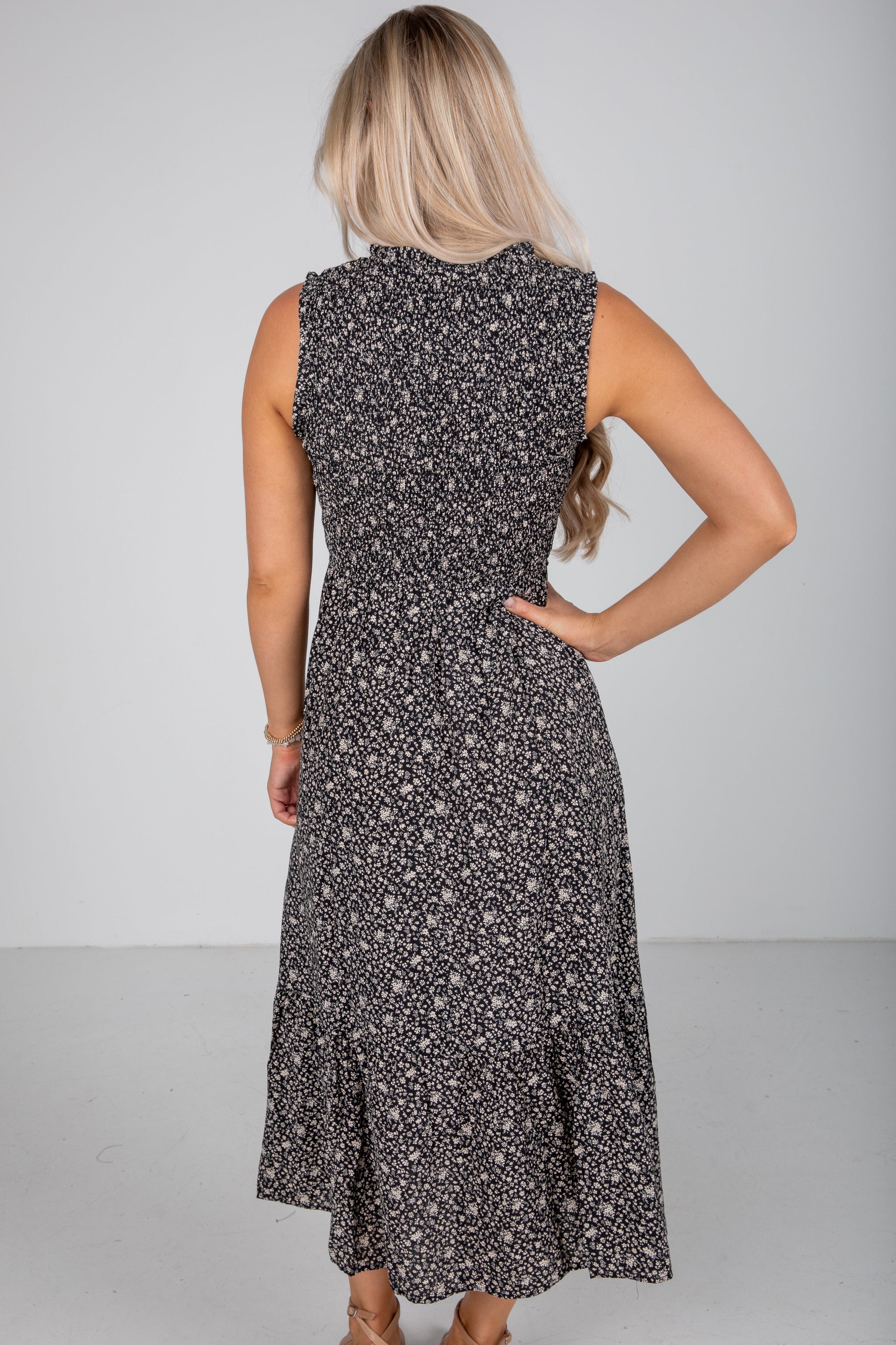FINAL SALE - Marvelous Time Black Smocked Floral Midi Dress