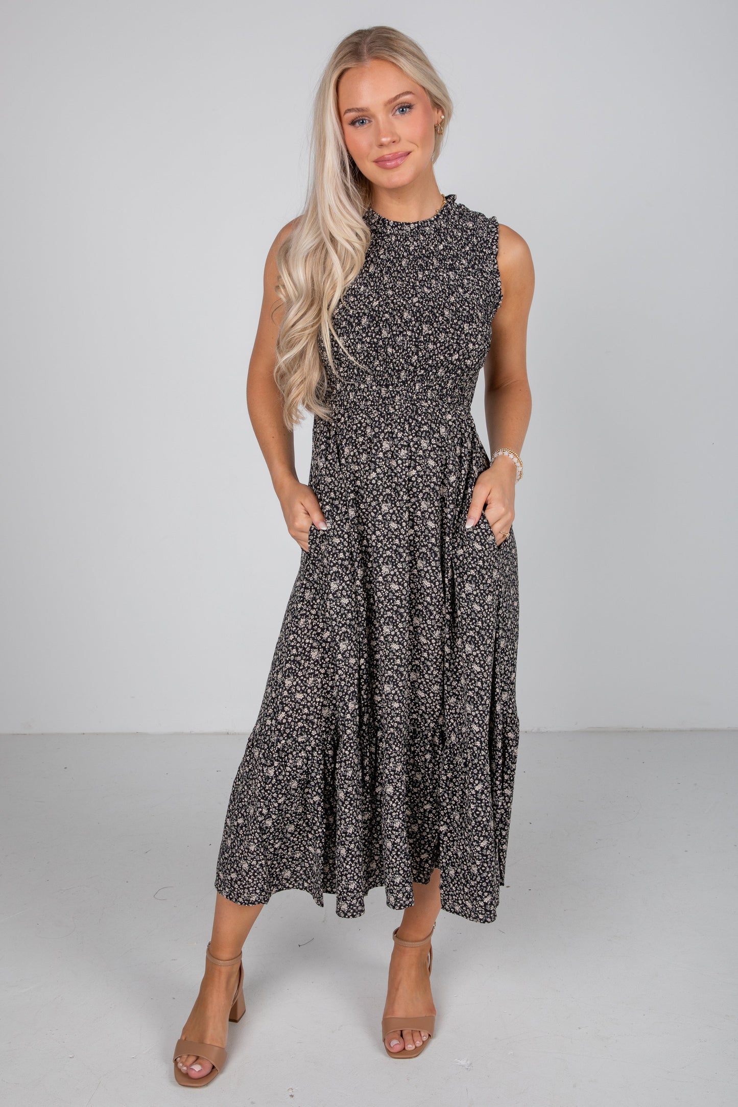 FINAL SALE - Marvelous Time Black Smocked Floral Midi Dress