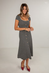 FINAL SALE - Strike An Attitude Black Striped Midi Dress - DU DEAL