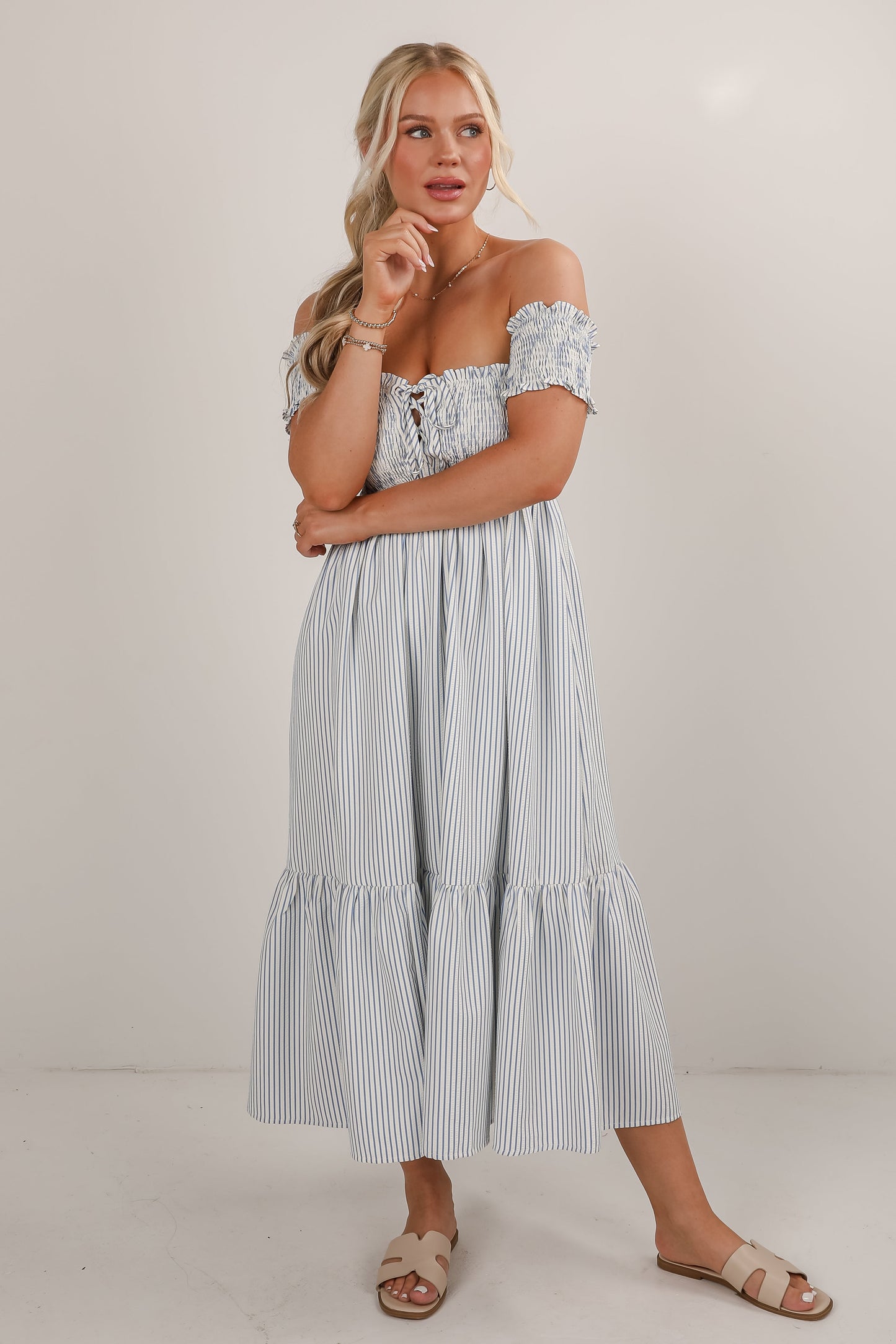 FINAL SALE - Say It Proud Blue Striped Smocked Midi Dress