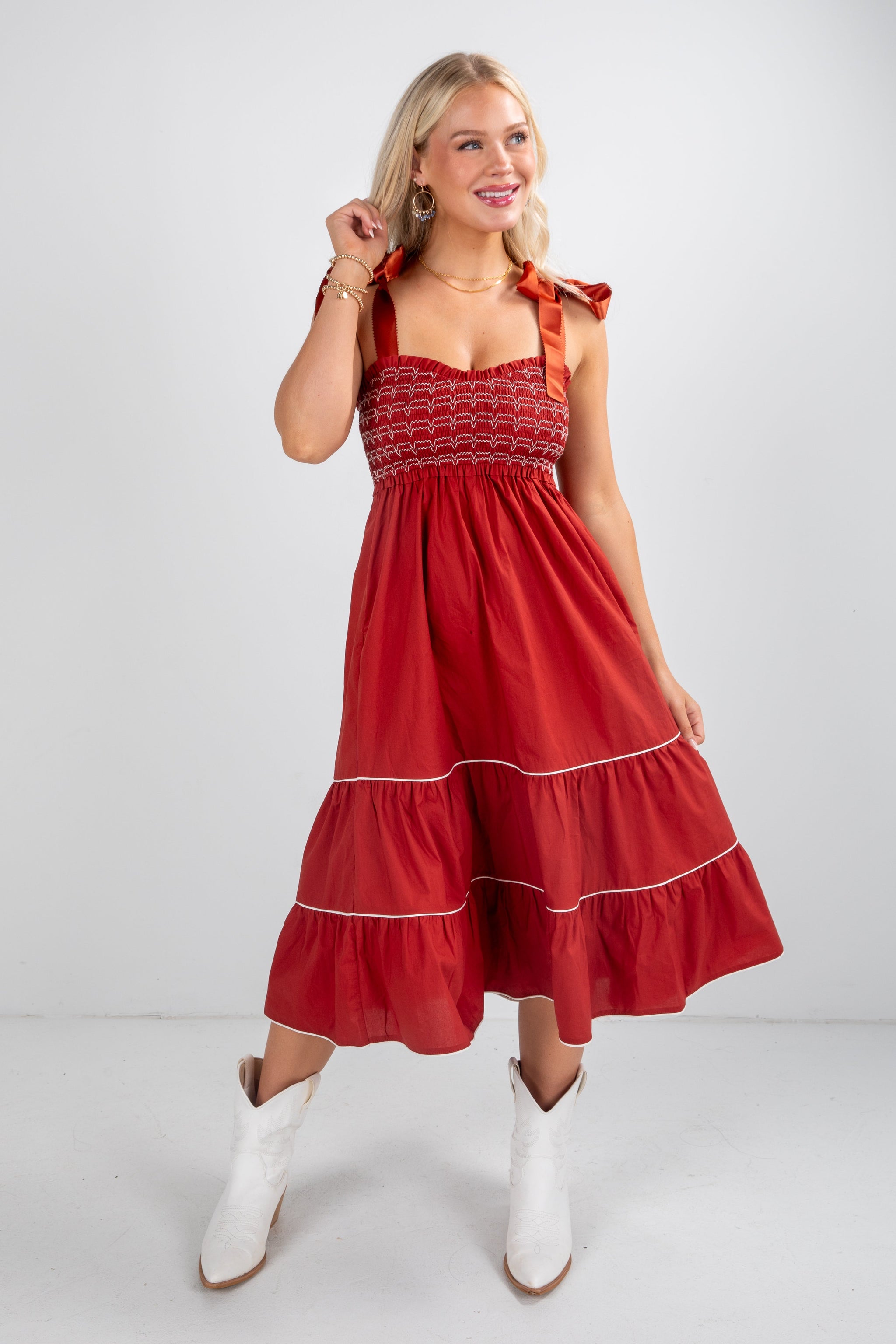 FINAL SALE - Looks Like You Love Me Brick Smocked Midi Dress