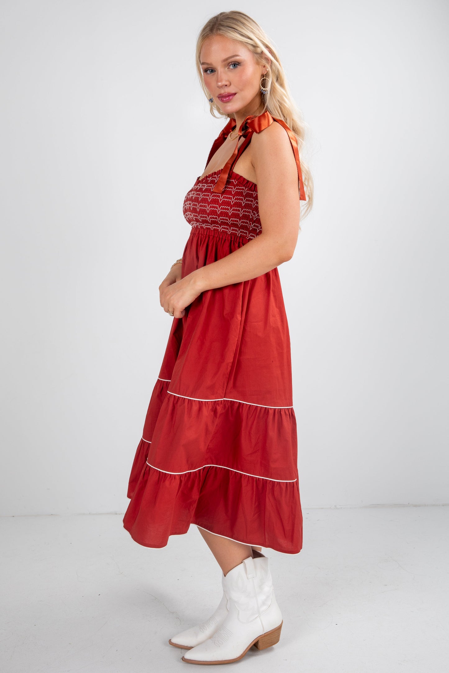 FINAL SALE - Looks Like You Love Me Brick Smocked Midi Dress