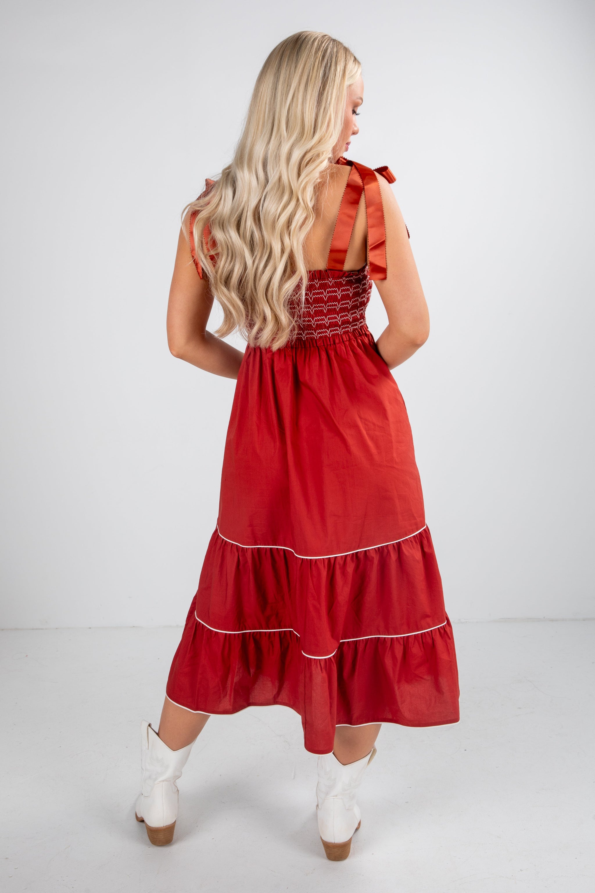 FINAL SALE - Looks Like You Love Me Brick Smocked Midi Dress