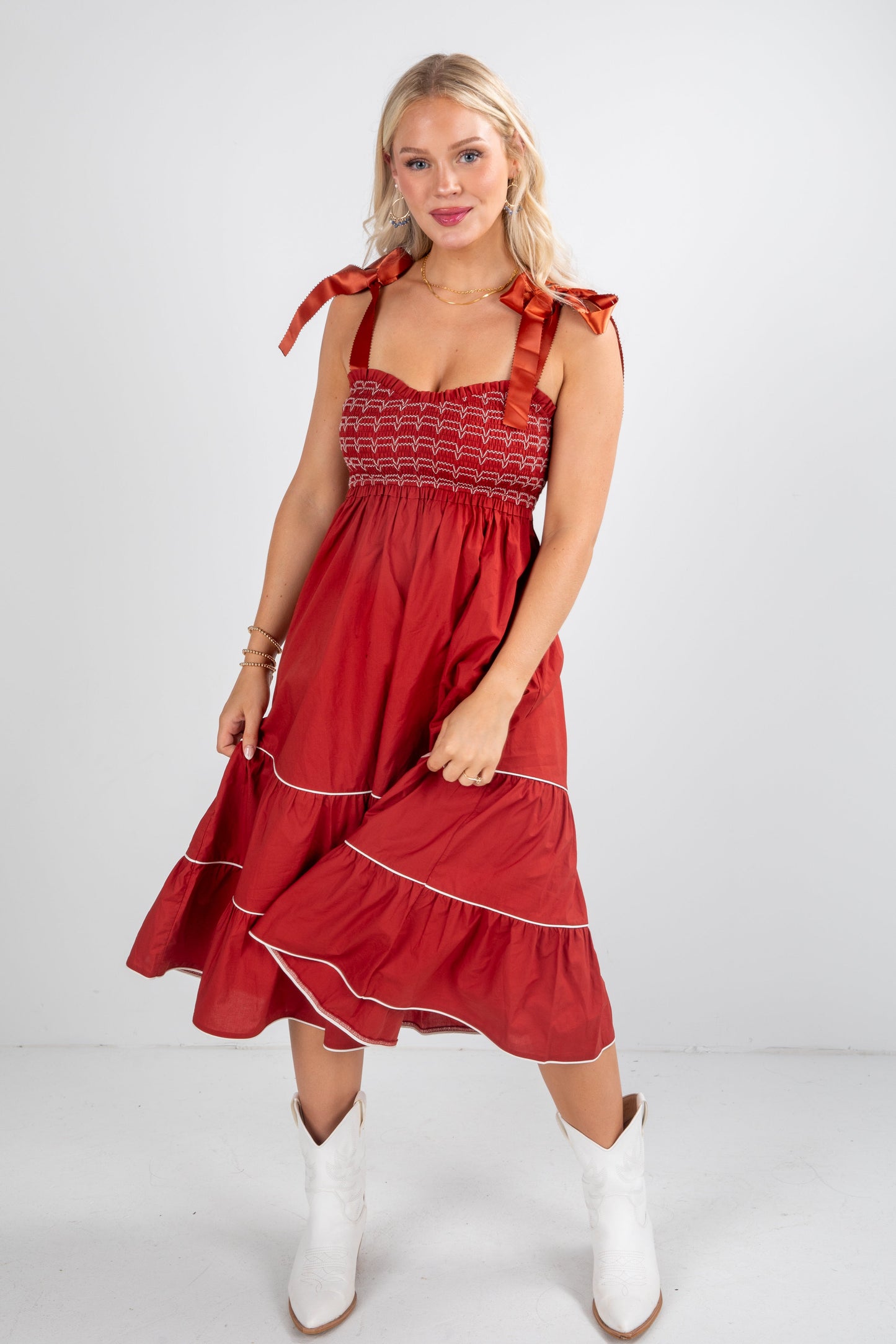 FINAL SALE - Looks Like You Love Me Brick Smocked Midi Dress