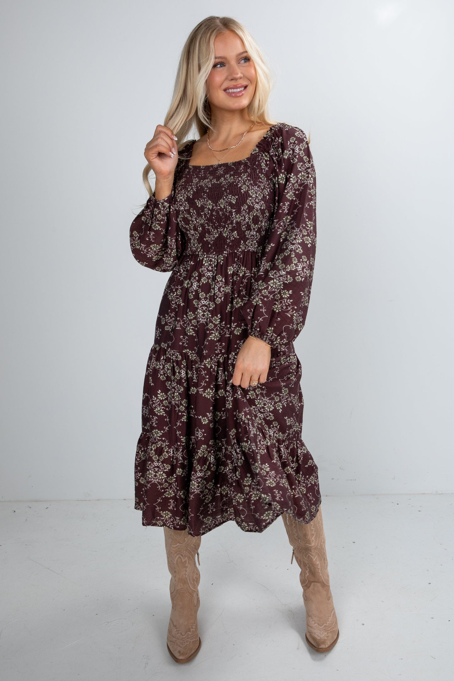 FINAL SALE - Feeling Inspired Brown Floral Smocked Midi Dress