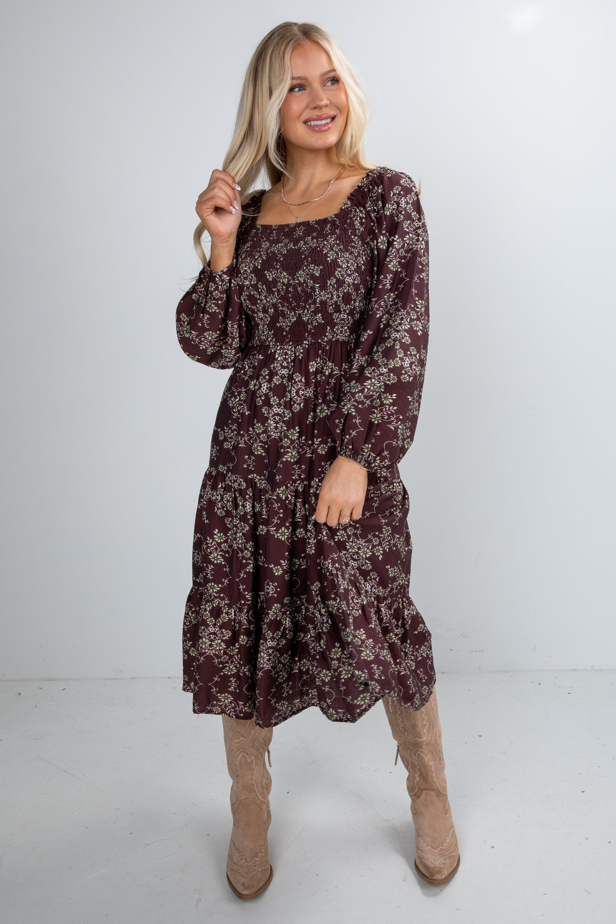 FINAL SALE - Feeling Inspired Brown Floral Smocked Midi Dress