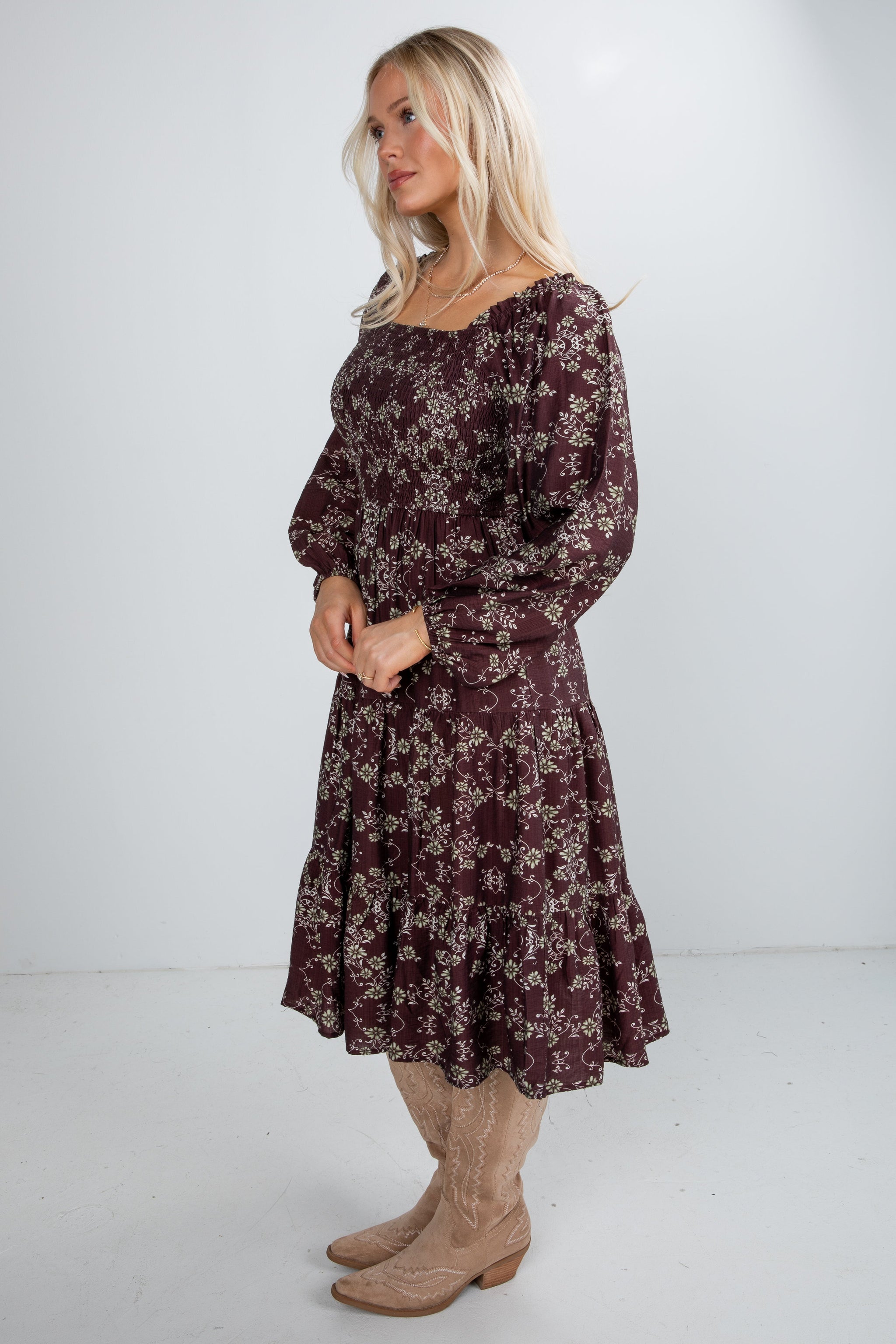 FINAL SALE - Feeling Inspired Brown Floral Smocked Midi Dress