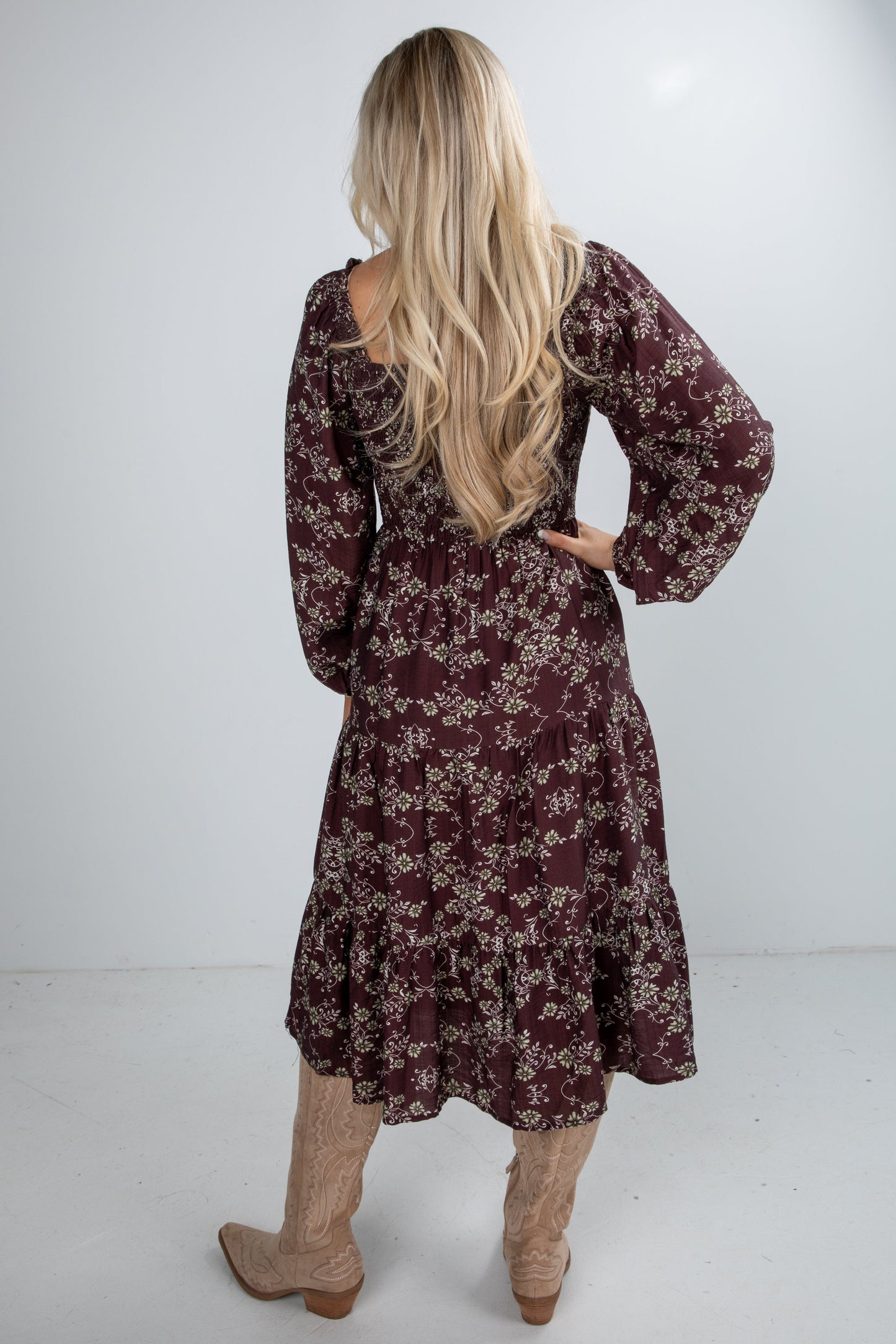 FINAL SALE - Feeling Inspired Brown Floral Smocked Midi Dress