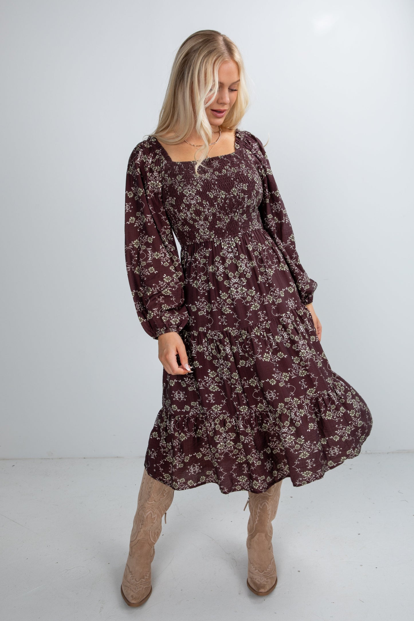FINAL SALE - Feeling Inspired Brown Floral Smocked Midi Dress